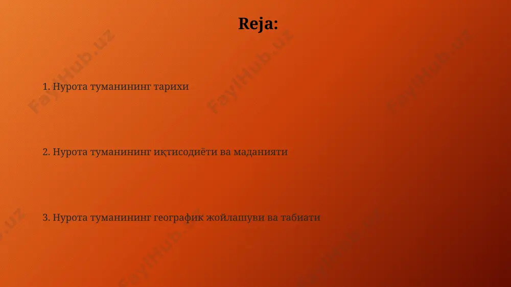 20 га яқин маданий мерослар, алоҳида архитектура услубига эга қадимий бинолар, халқ ҳунармандчилигининг бойлиги маданий туризмни ривожлантиришга катта ҳисса қўшади. туманнинг географик жойлашуви, яъни чўл ва тоғли ҳудудларнинг яқинлиги, экотуризм ва экстремал спорт турларини ривожлантириш учун қулай шароит яратади, бу ерга йилига 10000 дан ортиқ сайёҳни жалб этиш имкониятини беради. nurota tumanining iqtisodiyoti nurota tumanida turizm sohasi ham rivojlanmoqda, yillik turistlar soni 10 mingdan oshib, xizmat ko‘rsatish sektoriga qo‘shimcha 2 million so‘m daromad keltiradi. tuman iqtisodiyotining muhim qismi sanoatni rivojlantirishga qaratilgan bo‘lib, 2023 yil ma’lumotlariga ko‘ra, 5 ta yirik korxona faoliyat yuritmoqda va taxminan 1500 dan ortiq ish o‘rni yaratiladi. nurota tumanining iqtisodiyotida qishloq xo‘jaligi, ayniqsa, paxtachilik va bog‘dorchilik, yalpi ichki mahsulotning 60% dan ortig‘ini tashkil etadi, bu esa tuman aholisining asosiy daromad manbasidir. nurota tumanining aholisi va demografiyasi туман аҳолисининг 55% дан ортиғи қишлоқ жойларда истиқомат қилади, шаҳар аҳолисининг улуши эса нисбатан кам. нурота тумани аҳолисининг ўртача ёши 35-40 …