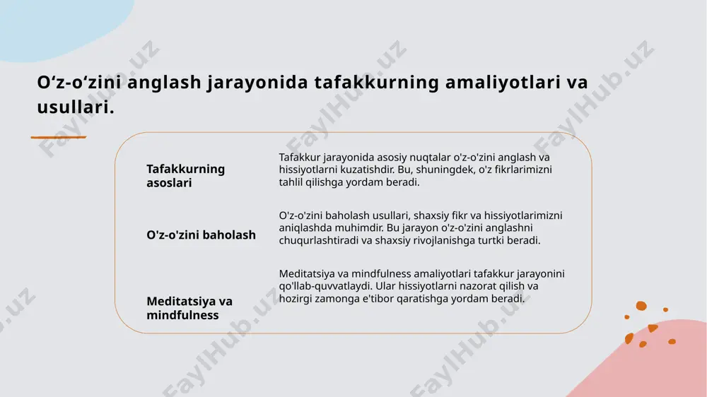 a o'z-o'zini anglashni kengaytiradi. falsafa va mindfulness: shaxsiy o'sish uchun yangi imkoniyatlar. falsafa va tafakkur mindfulness tajribasi shaxsiy o'sish imkoniyatlari falsafa va tafakkur bir-birini to'ldiruvchi jarayonlardir. falsafa shaxsiy ongni kengaytiradi, tafakkur esa o'z-o'zini anglashni chuqurlashtiradi. mindfulness, ya'ni hozirgi zamonda bo'lish, tafakkur jarayonini kuchaytiradi. bu holat insonni hissiyotlari va fikrlari bilan bog'lanishga undaydi. falsafa va mindfulness birgalikda shaxsiy o'sishni ta'minlaydi. bu yondashuvlar insonni o'zida potentsialni anglashga va rivojlanishga imkon beradi. tafakkur amaliyoti: hayotda muvaffaqiyat va baxtni ta'minlash. tafakkurning ahamiyati tafakkur, shaxsiy muvaffaqiyat va baxtni ta'minlash uchun zarur bo'lgan ichki refleksiya jarayonidir. u insonning o'zini anglashiga yordam beradi. muvaffaqiyat yo'li tafakkur amaliyotlari orqali insonlar o'z maqsadlarini aniqlaydi, qarorlar qabul qiladi va muvaffaqiyatga erishish yo'lida to'siqlarni yengib o'tadi. baxt va tinchlik tafakkur, ruhiy barqarorlikni oshiradi va ichki tinchlikni ta'minlaydi, bu esa o'z-o'zini anglash jarayonida baxtga erishishga yordam beradi. xulosa tafakkur va rivojlanish o'zbek falsafasi ruhiy salomatlik tafakkur, shaxsiy rivojlanish jarayonida o'z-o'zini anglashni kuchaytiradi …