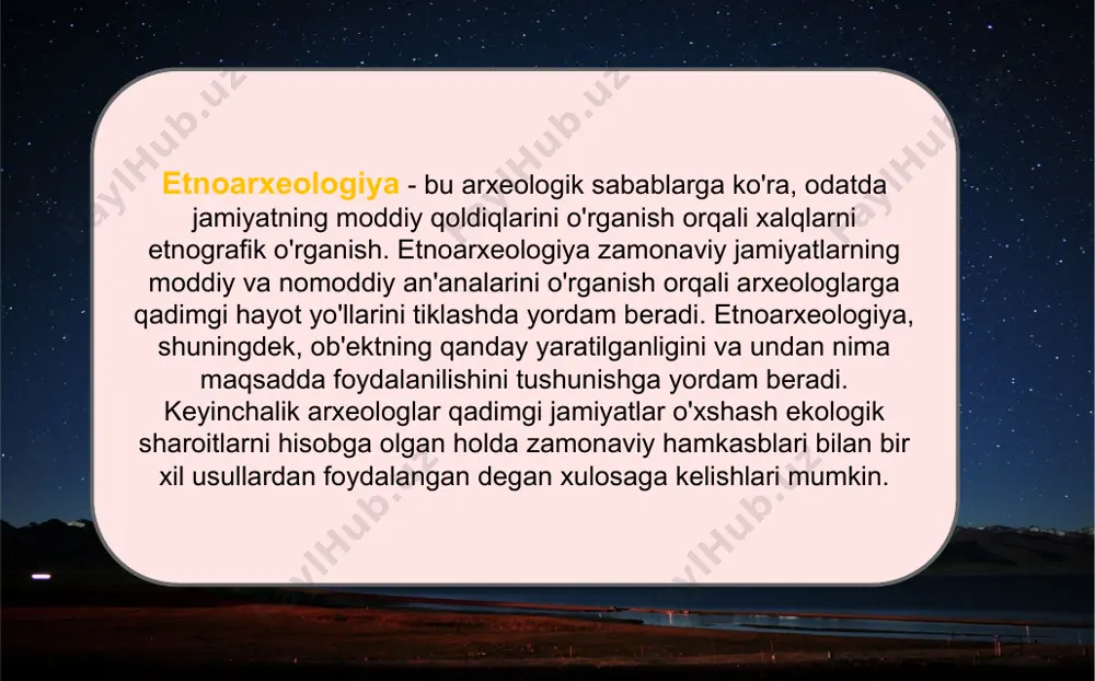 vojlantirish va insoniyat madaniyatini talqin qilishda muhim tahliliy vosita bo‘lib xizmat qildi. so'nggi yillarda geoarxeologiyaning arxeologik tadqiqotlarning sub'ekti sifatida o'sishi bilan olimlar yotqizilgan joyning shakllanishi va joylashuv jarayonlarini yaxshiroq tushunish uchun geofanlar sohasidagi analitik usullarni (masalan, tuproq mikromorfologiyasi, mineralogik, elementar, fitolit va izotop tahlilini) qo'llash orqali zamonaviy va so'nggi kontekstlarni o'rganishni boshladilar. birinchidan, ushbu maqola arxeologiya fanlariga qo'shgan hissasi sifatida, umuman, etnoarxeologiya tushunchasini va xususan, geoetnoarxeologiyaning paydo bo'lishini o'rganadi. ikkinchidan, bir nechta asosiy amaliy tadqiqotlarni o'rganish va sintez qilish orqali ushbu maqola arxeologik yozuvlar va inson faoliyatini bog'lashda laboratoriyaga asoslangan tahliliy usullarning keng doirasi foydaliligini ta'kidlaydi. bir nechta kashshof geoarxeologik tadqiqotlar etnoarxeologik kontekst va usullardan foydalangan va bunda ular geoetnoarxeologiyani keng qo'llaniladigan tadqiqot strategiyasi sifatida shakllantirishga yordam bergan. etnoarxeologik kontekstda batafsil tadqiqot olib borgan birinchi geoarxeologlardan biri jak brochierdir (brochier va boshqalar, 1992). arxeologik madaniy qatlam bilan bog'liq bo'lgan mikroskopik fibroradial kalsit kristallarini kuzatganidan so'ng (brochier, 1983), u boshqalar bilan …