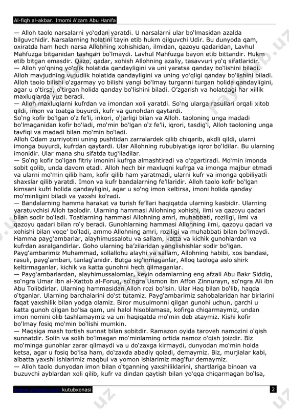 r. muso, alayhis-salom, va undai boshqa maxluqlarning so‘zlari ham maxlukdir. qur’on alloh taoloning kalomidir, ularning kalomi emasdir. alloh taolo: "alloh musoga gapirdi..." deb bayon qilganidan, muso, alayhissalom, alloh taoloning kalomini eshitdi. alloh musoga, alayhissalom, gapirishdan oldin ham azalda so‘zlaguvchidir. maxluqotlarni yaratishdan ol-din ham azalda yaratguvchidir. · alloh musoga, alayhissalom, so‘zlashni iroda etganida unga o‘zining azaliy so‘zlash sifati bilan so‘zladi. allohning hamma sifatlari maxluqlarning sifatiga o‘xshamaydi. alloh taolo biladi. bilishi bizning bilishimizga o‘xshamaydi. alloh taolo qodirdir. qudrati bizning qudratimizga o‘xshamaydi. alloh taolo ko‘radi. ko‘rishi bizning ko‘rishimizga o‘xshamaydi. alloh taolo eshitadi. eshitishi bizning eshitishimiz-ga o‘xshamaydi. alloh taolo so‘zlaydi. so‘zlashi bizning so‘zlashimizga o‘xshamaydi. biz vositalar (a’zolar) va tovushlar yordamida so‘zlaymiz. alloh taolo bevosita va tovushlarsiz so‘zlaydi. tovushlar maxluqdir. allohning kalomi maxluq emas. alloh mavjuddir. mavjudligi maxluqlarning mavjudligi kabi jism, javhar, araz (alomat) bilan emasdir. uning ziddi va tengi va o‘xshashi yo‘qdir. alloh qur’onda zikr qilganidek, uning tasavvursiz yadi, yuzi va nafsi bor. allohning …