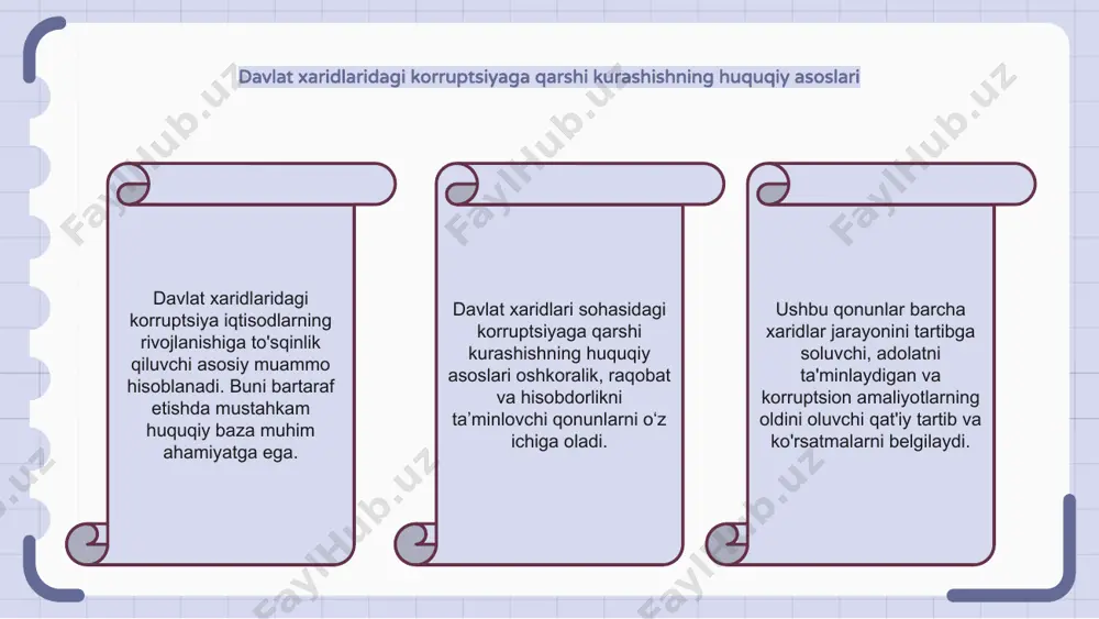 a muhim ahamiyatga ega. bu mexanizmlar ma’lumot tarqatuvchilarni chiqishga undash orqali korruptsiyani aniqlash va oldini olishga yordam beradi, kam bo‘lgan davlat resurslaridan maqsadli maqsadlarda foydalanilishini ta’minlaydi. davlat xaridlarida korruptsiyaga qarshi chora-tadbirlarni amalga oshirish davlat xaridlaridagi korruptsiya hal qilinishi kerak bo'lgan muhim masaladir. davlat xaridlarida korrupsiyaga qarshi kurash choralarini qo‘llash shaffoflik va javobgarlikni ta’minlashda muhim ahamiyatga ega. davlat resurslaridan adolatli va samarali foydalanishni ta’minlash uchun davlat xaridlari sohasida korrupsiyaning oldini olish va unga qarshi kurashish bo‘yicha sa’y-harakatlarni amalga oshirish zarur. davlat xaridlarida halol raqobatni rivojlantirish davlat xaridlaridagi korruptsiya halol raqobatga putur yetkazuvchi va rivojlanishga to‘sqinlik qiluvchi jiddiy muammo hisoblanadi. davlat xaridlarida shaffoflik va hisobdorlikni ta’minlash orqali halol raqobatni rivojlantirishga harakat qilish kerak. qattiq tartib-qoidalar, samarali monitoring va huquqbuzarlarni jazolash kabi chora-tadbirlar davlat xaridlaridagi korruptsiyaga qarshi kurashishga yordam beradi. 1 2 3 davlat-xususiy sheriklik va davlat xaridlaridagi korruptsiya davlat xaridlaridagi korruptsiya dolzarb masala bo‘lib, uni hal etish zarur. davlat-xususiy sheriklikning korruptsion harakatlarga …