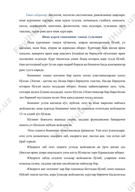 ориги жағ оғизнинг ҳар бир томонида биттадан бўлиб, ички чеккаси бўйлаб тишли қаттиқ, қора ўсиқлар жойлашган; қуртлар биринчи ёшдалигида бундай тишчалар ҳар бир жағда бешта, иккинчи ёшда - еттита, учинчи ёшда - тўққизта, тўртинчи ёшда - саккизта ва бешинчи ёшда фақат тўртта бўлади. ҳар бир жағ асосидан бошнинг ички қисмига хитинли ўсиқлар кетган бўлиб, буларга жағни очиб-ёпадиган кучли мускуллар келиб бирикади. бу мускуллар жағларни суриш билан ориз тешигига йўл очади; жарлар бирлашганда барг четини куч билан қисади ва унинг бир қисмини узиб олади. ипак қурти танаси кўкрак ва қорин қисмининг тузилиши кўкрак нисбатан калта, лекин учта бўғимдан тузилган 6ўлиб, тананинг энг юқори қисми ҳисобланади. қорин - ипак қурти танасининг бирмунча узун қисми бўлиб тўққизта бўғимдан иборат. қориннинг биринчи бўғими кўкракнинг кетки учи билан ҳаракатсиз бириккан. қориндаги саккиз бўғимининг ҳар бирининг ёнида биринчи кўкрак бўғимидаги сингари нафас олиш тешиги (трахеяси )жойлашган. учинчи, тўртинчи, бешинчи, олтинчи ва тўққизинчи бўғимлари ҳар бир ён …