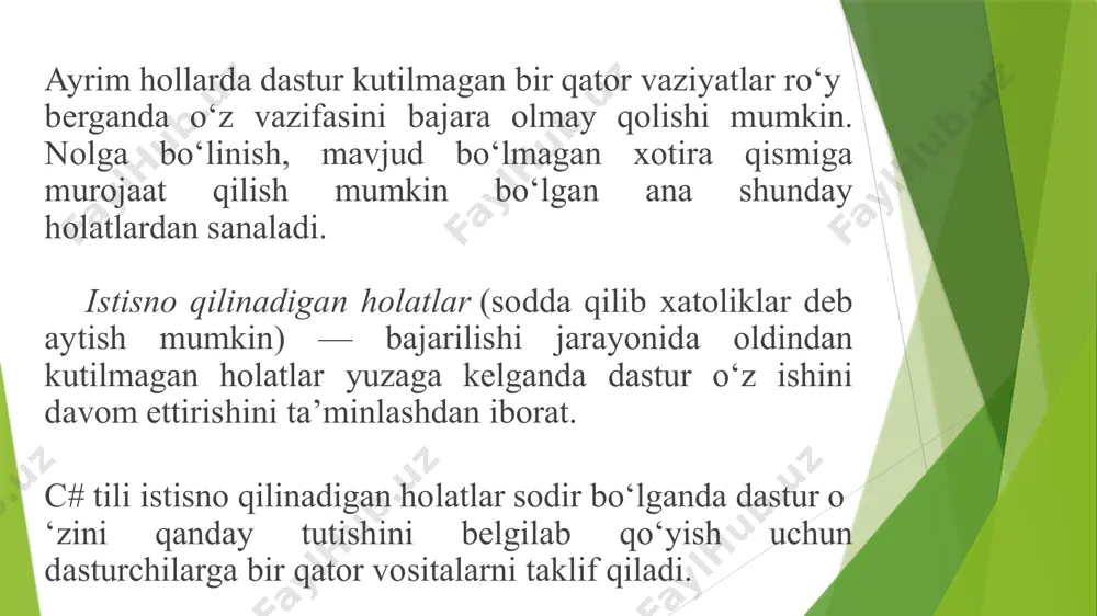 adi. quyidagi misolni ko'rib chiqamiz, bu erda biz uchta butun sonli massivni yaratamiz: bu xato yaratadi, chunki mynumbers [10] mavjud emas. xato xabari shunday bo'ladi: agar xato yuz bersa, biz xatolarni aniqlash uchun try ... catch -dan foydalanishimiz va uni tuzatish uchun ba'zi kodlarni ishlatishimiz mumkin. quyidagi misolda biz (e) catch bloki ichidagi o'zgaruvchini, o'rnatilgan xabar xususiyati bilan birgalikda ishlatamiz, bu esa istisnoni tasvirlaydigan xabarni chiqaradi: try { int[] mynumbers = {1, 2, 3}; console.writeline(mynumbers[10]); } catch (exception e) { console.writeline(e.message); } siz o'zingizning xato xabaringizni ham chiqarishingiz mumkin: try { int[] mynumbers = {1, 2, 3}; console.writeline(mynumbers[10]); } catch (exception e) { console.writeline("qandaydir xatolik yuzaga keldi."); } chiqish quyidagicha bo'ladi: qandaydir xatolik yuzaga keldi. finally finally – try yoki catch qaysi biri bajarilishidan qat’iy nazar finally bloki har doim bajariladi. try { int[] mynumbers = {1, 2, 3}; console.writeline(mynumbers[10]); } catch (exception e) { console.writeline("something went wrong."); } finally …