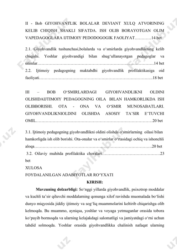 hdid solmoqda. yoshlar orasida giyohvandlikka chalinish nafaqat ularning jismoniy va ruhiy salomatligiga zarar yetkazadi, balki ularning shaxsiy rivojlanishiga, jamiyatdagi o‘rni va ijtimoiy moslashuviga salbiy ta’sir ko‘rsatadi. dunyo bo‘ylab giyohvandlikka yo‘liqish darajasi tobora ortib bormoqda, 2021-yil statistikasi shuni ko‘rsatadiki, 500 milliondan ortiq odam giyohvandlikka chalingan va ularning aksariyati yoshlar orasidan tashkil topgan. bunday statistikalar jamiyatning ijtimoiy xavfsizligini jiddiy xavf ostiga qo‘yadi va jinoiy faoliyatga ham o‘z ta’sirini ko‘rsatmoqda. jahon bo‘ylab sodir etilgan jinoyatlarning 57 foizi giyohvandlikka chalingan shaxslar tomonidan amalga oshirilgan, bu esa giyohvandlikning jamiyatdagi xavfli o‘rni va uning ijtimoiy barqarorlikka ta’sirini ko‘rsatadi. o‘zbekistonda ham giyohvandlikka qarshi kurashish va yoshlar orasida sog‘lom turmush tarzini targ‘ib qilishga qaratilgan choralar kuchaytirilgan. 2010-yilda "voyaga yetmaganlar o‘rtasida nazoratsizlik va huquqbuzarliklarning profilaktikasi to‘g‘risida"gi qonun qabul qilindi, bu qonun voyaga yetmaganlarni giyohvandlikka qarshi kurashishda himoya qilishga va ularga ijtimoiy himoya taqdim etishga qaratilgan. so‘nggi yillarda giyohvandlikka qarshi kurashishning samaradorligini oshirish uchun yangi qonunlar va qarorlar ishlab chiqildi. …