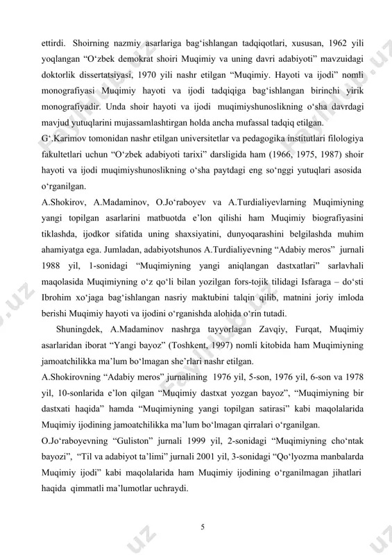 irgan, ijodi bilan o‘ziga xos mahorat va tajriba maktabi yaratgan mavlono muqimiyni ham qo‘shish mumkin. xalqimizning bu ulug‘ farzandi o‘zining adolatparvarlik va ma’rifiy qarashlari, ilm-fandagi hamda ijtimoiy hayotdagi yangiliklarni badiiy tarannum etishi bilan o‘zi mansub bo‘lgan muhit doirasidan yuqori ko‘tarila olgan. shoir zamonasining taraqqiyparvar kuchlari o‘rtasida haq so‘zi va haqiqat uchun kurashishi tufayli oldingi o‘rinlarni egallagan. qadim turkistonning uchta xonlikka bo‘linib ketishi, feodal tarqoqlik, iqtisodiy zaiflik, ilm-ma’rifat taraqqiyotining sustlashuvi vatanimizni chet el bosqinchilarining xurujlariga duchor qildi. bir tomondan chor rossiyasi bosqinchilari zulmi, ikkinchi tomondan ularning malaylariga aylangan mahalliy amaldorlar jabri xalqni holdan toydirdi. ana shunday tarixiy sharoitda ham adabiyot va san’at xalq ommasiga ma’naviy dalda berish, uni yorug‘ kunlarga ruhlantirsh vazifasini ado etishdan to‘xtab qolmadi. adabiyotning o‘zi ham ijtimoiy-siyosiy hayotning ko‘zgusi sifatida taraqqiyotdan to‘xtamadi. janrlarning mazmunan yangilanishi, badiiy adabiyotning xalq hayotiga yaqinlashuvi, ijodiy jarayonda realistik tamoyillarning kuchayishi shular jumlasidandir. bu davrda qo‘qon adabiy muhitining maydonga kelishi, yuzlab shoiru adiblar, tarixchi …