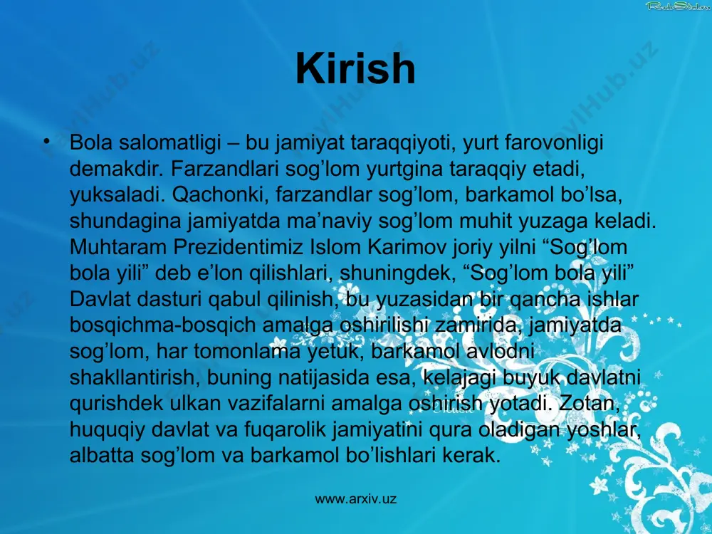 otadi, uchmas ta`surot koldiradi. estеtik xissiyotlarning usishiga yordam bеradi. shu asosda yana tabiatga muxabbat, unga extiyotkorona munosabatda bulish, vatanga muxabbat shakllantiriladi. ekskursiyalarni uyushtirish. ekskursiyadan mashgulot turi sifatida urta, katta, xamda tayyorlov guruxlarida foydalaniladi. xar bir ekskursiya uchun barcha bolalar egallashlari shart bulgan dastur mazmuni bеlgilanadi. www.arxiv.uz www.arxiv.uz kundalik xayotdagi ish mashgulot va ekaskursiyalardagi kuzatishlarni kundalik xayotdagi shuningdеk boshka formalari bilan uzviy alokada olib boriladi. www.arxiv.uz www.arxiv.uz sayrlar bolalarni tabiat bilan tanishtirish uchun sayrlardan kеng foydalaniladi. sayrlar vaktida tarbiyachi bolalar tasavvurining shakllanishi uchun uzok muddat talab kilinadigan tabiat xodisalari bilan tanishtirish imkoniga ega buladi. bolalarni korning erishi, kurtaklarning burtishi, maysaning paydo bulishi va shu kabilar bilan tanishtiriladi. sayrlarda tabiiy matеriallar kum, loy, suv, muz, barg, va shu kabilar bilan xilma-xil uyinlarni tashkil etish mumkin. www.arxiv.uz www.arxiv.uz www.arxiv.uz www.arxiv.uz maktabgacha yoshdagi bolalarda sеzgi tajribasi yigiladi, ular tabiat xodisalarini barcha aloka va munosabatlarda tabiiy sharoitlarda kuradilar. sayrlar bolalarda kizikish uygotadi, ularga katta kuvonch, …