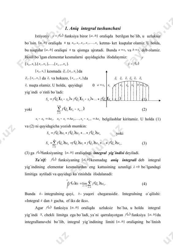 i i i n x f x g f dx x g x f 1 1 lim ] [ lim ] [ x x x ( ) ( ) ( ) ò ò å ± = d ± = ¥ ® b a b a i n i i n dx x g dx x f x g . lim 1 x ( ) ( ) ò ò - = b a a b dx x f dx x f . b a = ( ) . 0 = ò a b dx x f ( ) x f ] , [ b a b a d i x ( ) . 0 1 ³ d å = i n i i x f x ( ) ( ) . 0 lim 1 ò å ³ = d = ®¥ b a i n i i n dx x f …