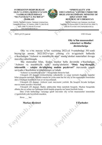 "axborot va murabbiylik soati mashg'ulotlari materiallari" — DOC