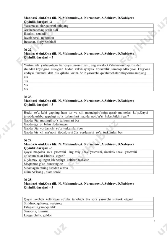 ,4,5 № 31. manba: 5-sinf.ona tili. n.mahmudov, a. sobirov , sh. sattorov,sh. toshmirzayeva, d. mannopova. qiyinlik darajasi – 3 qaysi so’z grammatik qo’shimcha qabul qilganda ham shakldoshlik xususiyatini to’la saqlab qoladi? sir tom qazi o’ta № 32. manba: 5-sinf.ona tili. n.mahmudov, a. sobirov , sh. sattorov,sh. toshmirzayeva, d. mannopova. qiyinlik darajasi – 3 qaysi qatorda unlilar va sirg’aluvchi undoshlardan iborat shakldosh so’zlar berilgan? sog’,sur, soz yon, yog’, ochiq ort, soz,kurak uz, zil, g’or № 33. manba: 5-sinf.ona tili. n.mahmudov, a. sobirov , sh. sattorov,sh. toshmirzayeva, d. mannopova. qiyinlik darajasi – 2 ot va fe’l doirasidagi shakldoshlik qaysi qatordagi so’zda qo’llangan? qayish tutash erish yanglish № 34. manba: 10-sinf. ona tili.n.mahmudov,a.sobirov,y.odilov,g. ziyodullayeva qiyinlik darajasi – 2 inson amaliy hayotining barcha tomonlarini qamrab oluvchi uslub qaysi? badiiy uslub ilmiy uslub rasmiy uslub publististik uslub № 35. manba: a. nurmonov. hozirgi o’zbek adabiy tili. 2- qism qiyinlik darajasi – 3 “ abulfayzxon” dramasi …