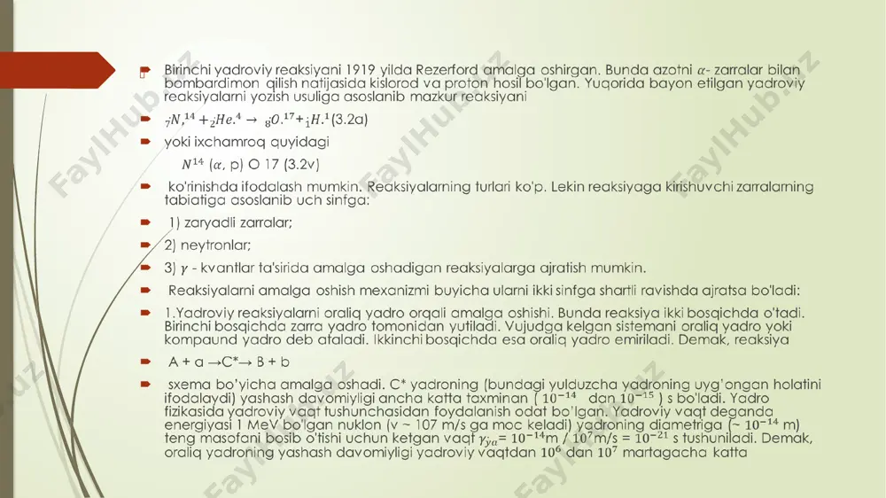 anish energiyalarining qiymatlari. davriy jadvalning o'rta qismidagi elementlar yadrolari uchun nuklonning yadroga bog’lanish energiyasi (ya'ni, ε1 va ε2 lar) ning qiymatlari jadval oxiridagi oqir yadrolarniki (ya'ni ε) ga nisbatan ~0,8 mev katta. image1.png image2.png image3.png image4.gif image5.png image6.png image7.jpeg /docprops/thumbnail.jpeg