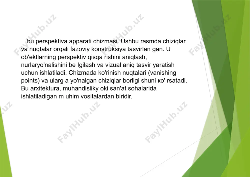 o'z balandligiga asoslangan. shunga asoslanib, ob'ektning ko'rinishi bevosita kuzatuvchining ko'zlari rasm tekisligida tasvirlangan ob'ektning tepasida yoki ostida joylashganligiga bog'liq (2-rasm). ko'z darajasi - kuzatuvchining ko'zlari tasvirlangan ob'ektga nisbatan bo'lgan daraja; bu ko'zlaming erdan masofasiga bog'liq bo'lmagan balandlikdir. bunday holda, ko'zlaming darajasi har doim ufq chizig'i bilan bir xil chiziqda joylashgan. h p h <■ e’tiboringiz uchun rahmat image1.jpeg image2.jpeg image3.jpeg image4.jpeg image5.jpeg