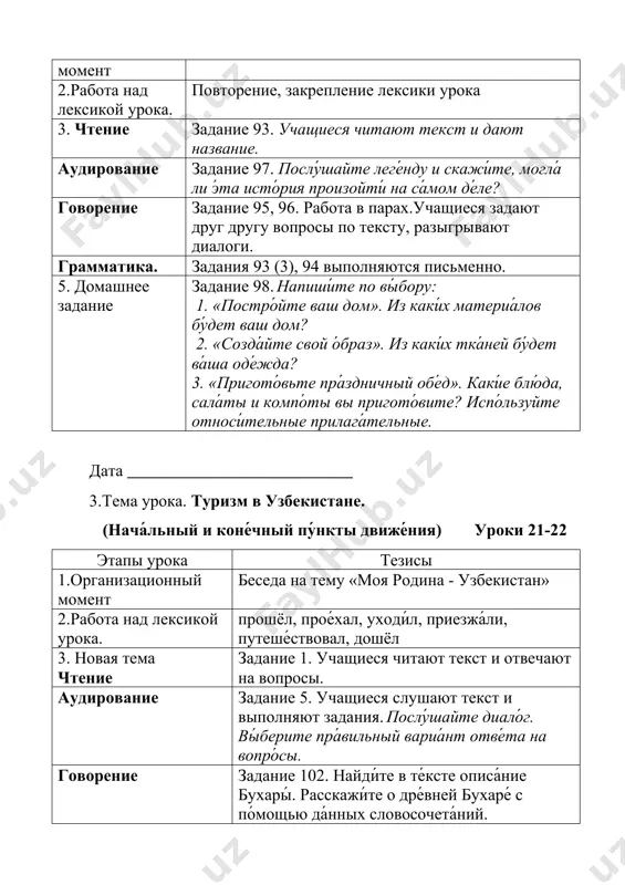 - узбекистан» 2.работа над лексикой урока. прошёл, прое́хал, уходи́л, приезжа́ли, путеше́ствовал, дошёл 3. новая тема чтение задание 1. учащиеся читают текст и отвечают на вопросы. аудирование задание 5. учащиеся слушают текст и выполняют задания. послу́шайте диало́г. вы́берите пра́вильный вариа́нт отве́та на вопро́сы. говорение задание 102. найди́те в те́ксте описа́ние бухары́. расскажи́те о дре́вней бухаре́ с по́мощью да́нных словосочета́ний. лексика.грамматика. задания 4,5 5. домашнее задание письмо задание 100. найди́те в те́ксте предло́ги из, от, до + и́мя существи́тельное в роди́тельном падеже́, подчеркни́те оконча́ния. соста́вьте 3–4 предложе́ния с да́нными сочета́ниями и запиши́те в тетра́дь дата ___________________________ 4.тема урока. туризм в узбекистане. (нача́льный и коне́чный пу́нкты движе́ния) уроки 21-22 этапы урока тезисы 1.введение в языковую среду, мотивационный момент игра «угадай спрятанное слово» 2.работа над лексикой урока. у́зкие у́лочки, высо́кие минаре́ты, дре́вние карага́чи, чайханы́ над ары́ками, те́ни тополе́й. 3. чтение задание 8. прочита́й интере́сные нау́чные фа́кты. назови́ все слова́, кото́рые обознача́ют количество. говорение задание …