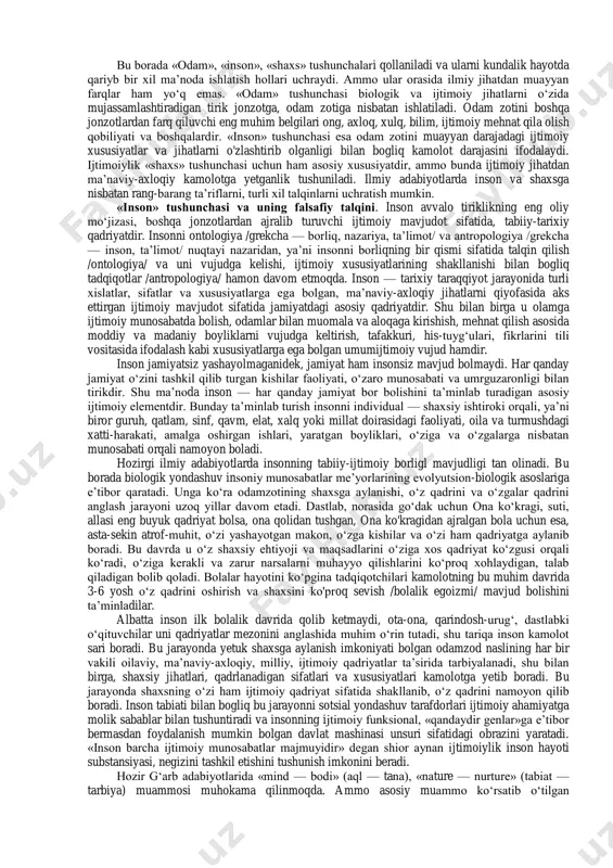 on, odatda, jamiyat, sotsium 1 forobiy. fozil odamlar shahri. -t.: abdulla qodiriy nomidagi xalq merosi nashriyoti, 1993. –b.69 bilan uzviy bog‘liq deb qaraladi. «ideal munosabatlar qonuni»ga odamlar o‘rtasida, oila, jamiyat, davlatda rioya qilish inson hayotining muhim ma’nosi hisoblanadi; bunga jamiyatda qabul qilingan me’yorlar, qoidalar, rasm-rusumlar va shu kabilarga izzat-ikrom bilan yondashish imkoniyat yaratadi. boshqacha aytganda, inson o‘z shaxsiy hayotini doim jamiyat ravnaqi, kamoloti bilan o‘lchashi lozim, xususan, u keyinchalik oila va davlatni takomillashtirishga harakat qilish uchun o‘zini kamol toptirishi lozim. shu ma’noda mashhur qadimgi xitoy faylasufi konfutsiy (mil. av. 551-479 yillar)ning fikrlari diqqatga sazovor bo‘lib, u shunday deb saboq beradi: «qilmishlarning asoslari va tamoyillarini o‘rgansang, yaxshilik va yomonlik haqidagi fikrlaring (axloqiy bilimlar) barkamollikning eng so‘nggi darajasiga etadi. niyatlar sof va xolis bo‘lsa, qalb rostgo‘y va samimiy bo‘ladi. qalb rostgo‘y va samimiy bo‘lsa, inson to‘g‘ri yo‘lga kiradi, kamol topadi. inson to‘g‘ri yo‘lga kirsa va kamol topsa, oilada tartib o‘rnatiladi. oilada tartib …