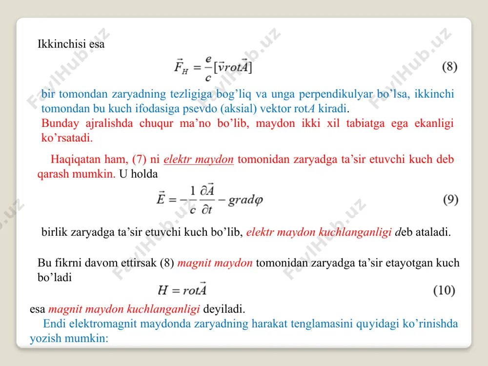 yoki gradient invariantlik deyiladi. yordamchi funksiya ψ(r,t) kalibrovkalovchi funksiya deb ataladi. bu funksiyani tanlash orqali turli kalibrovkalarga erishiladi. amalda qanday kalibrovkalardan foydalaniladi degan savolga keyinroq qaytiladi. mavzuning oxirida potensiallarni almashtirish formulalari (15) va (17) ni to’rt o’lchovli ko’rinishini keltiramiz: k=0,1,2,3 masalan k=0 bo’lsin, ai=(a0,-a)=(φ,-a)=(φ,-a1,-a2,-a3)=(φ,-ax,-ay,-az), xk=(x0,r)=(ct,r)=(ct,x,y,z) masalan k=1 bo’lsin, masalan k=2 bo’lsin, masalan k=3 bo’lsin, foydalanilgan adabiyotlar ro’yxati 1. abdumalikova.a., elektrodinamika, “cholpon", t., 2011.- 344 b. 2. landau , l. d, lifshits e.m , teoriya polya.–izdanie 8-e, stereotipnoe. –m.: fizmatlit, 2006. – 534 s. 3. landau, l. d, lifshits e.m. elektrodinamika sploshnix sred. – izdanie 4-e, stereotipnoe. –m.: fizmatlit, 2003. -656 s 4. toptigin i.n. sovremennaya elektrodinamika. - moskva–ijevsk, 2002.-736 s. elektronnaya biblioteka mfti . 5. kiselev v.v. klassicheskaya elektrodinamika. seminari po kursu «teoriya polya»: konspekti i uprajneniya. – protvino, 2004.- 190 s. (elektronnaya biblioteka mfti) 6. r.x. mallin, klassik elektrodinamika, 1,2 tom. t., 1974 7. v.g. levich, kurs teoreticheskoy fiziki …