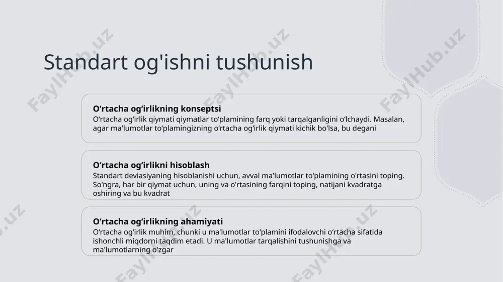 latiladi, iqtisodiy ko'rsatkichlarining barqarorligini va o'zgaruvchanligini baholashga yordam normal taqsimlash va standart og'ish odatiy distributsiyani tushunish normal distributsiya, yoki gaus distributsiya deb ataladigan, oʻrtacha qiymat etrafida simmetrik qatorni ifodalaydigan qoʻl toʻpi. oʻrtacha ogʻirlikning ahamiyati oʻrtacha ogʻirlik qiymati qiymatlarning oʻrtachadan qanchalik farq qilishini oʻlchaydi va ma'lumotlar tarqalishini tushuntiradi. real dunyo murojaatlari oʻrtacha ogʻirlik keng tarqalgan sohalar, masalan, moliya sohasida xavfsizlikni oʻlchash, sifat nazorati sohasida istiqbollilikni baholash va ta'lim sohasida talabalar natijalarini baholash uchun oʻrtacha distributsiya va standart deviasiya oʻrtasidagi munosabat oʻrtacha distributsiya, uning oʻrtacha qiymati va standart deviasiya tomonidan belgilanadi, bu esa ma'lumotning shaklini, markazini va tarqalishini aniqlaydi. o'rtacha arifmetik qiymatning cheklanishi tashqi qiymatlar tomonidan tortilgan oʻrtacha arifmetik qiymat katta chet elonlari tomonidan kuchli ta'sir ko'rsatishi mumkin, markaziy tendentsiyaning burib turgan tasvirlanishiga olib kelishi mumkin. boʻlmagan tarqalgan shaklni e'tiborsiz olib tashlash bu, tarqalishning shaklini hisobga olmaydi, bu esa asosiy ma'lumotlar uzluksiz ma'lumotlarini aniq aks ettirmasligi mumkin. namunavi hajmi hisobga olinadigan oʻrtacha …