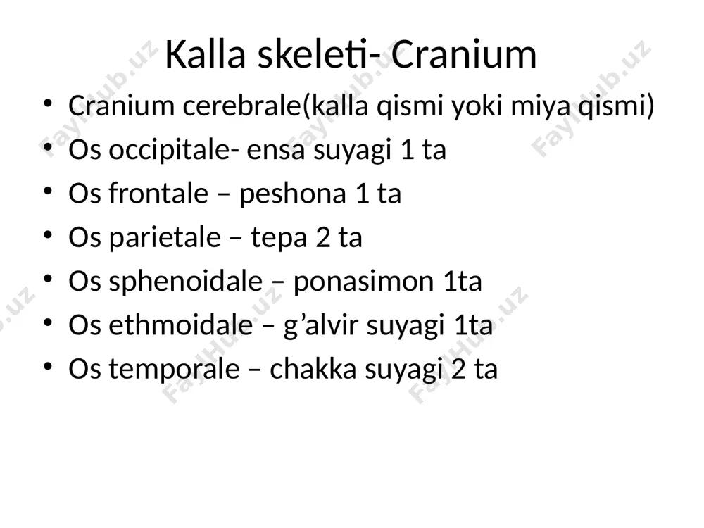 rna: tashqi yuza qavariq joylashgan protuberantia occipitalis externa(tashqi ensa do’mbog’i) linea nuchae suprema, superior, inferior crista occipitalis externa margo lamboideus( tepa suy. b.n birikadi) facies interna: ichki yuza botiq joylashgan protuberantia occ. interna(ichki ensa do’mbog’i) eminentia cruciformis(krestsimon tepalik) sulcus sinus sagittalis superioris sulcus sinus transversi crista occipitalis interna tepa suyagi- os perietali 4 ta chekka, 4ta burchagi bor chekkalari: margo frontalis, occipitalis, sagittalis, squamosa(chakkaga qaragan) burchaklari:angulus frontalis, sphenoidalis, mastoideus, occipitalis bu 4 ta burchakda chaqaloq liqildoqlari joy-n. chaqaloqda 6 ta liqildoq bor. tepa suy.ning peshona va ensa burchaklarida oldingi va orqa liqildoqlar; ponasimon va so’rg’ichsimon burchaklarida yon liqildoqlar joy-n. yon liqildoqlar – 2 oylikda katta liqildoqlar – 1,5 – 2 yoshda to’liq bitadi. ahamiyati: tug’ruq jarayonida miya rivojlanishi uchun pulsni aniqlash uchun tepa suy.ning tashqi yuzasida 2 ta liniya bor linea temporalis superior – chakka fassiyasi lin.temp.inferior – chakka muskuli yopishadi. peshona suyagi- os frontale havo saqlaydigan suyaklar turkumiga kiradi, …