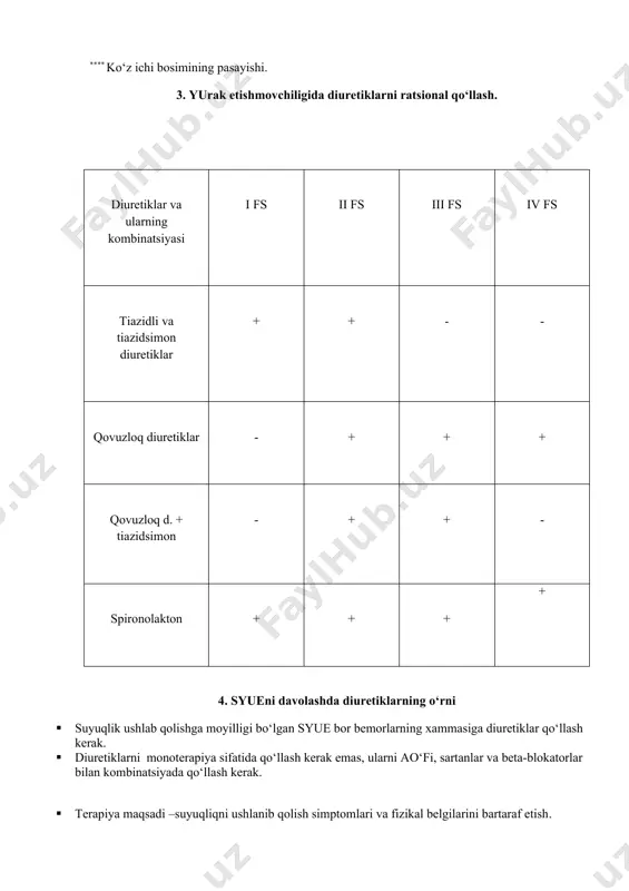 ta’sirlari 1 2 karboangidraza ingibitorlari yuz parasteziyasi, bosh aylanishi, dispepsiya, gipokaliemiya, giperurikemiya, teri toshmasi, osmatik diuretiklar flebit tiazidli va tiazidsimon diuretiklar gipokaliemiya, giperurikemiya, giperkalsiemiya, dispeptik buzilishlar, glyukoza metobolizmning buzilishi, teri toshmasi, yorug‘likka sezgirlik, paresteziya, xolsizlik, trombotsitopenik purpura, sariqlik, pankreatit, nekrotik vaskulit qovuzlokka ta’sir kiluvchilar. gipokaliemiya, giponatriemiya, gipoxloremik alkaloz, giperurikemiya, dispeptik buzilishlar, teri toshmasi, o‘tkir gipovolemiya (vena ichiga yuborilganda). aldosteronning raqobotli antagonistlari giperkaliemiya, ginekomastiya, girsutizm, xayz siklining buzilishi, chanqash, qusish, diareya, gastrit, oshqozon yarasi. aldosteronning raqobotsiz antagonistlari giperkaliemiya, chanqash, qusish, bosh og‘rig‘i, megaloblastik anemiya, interstitsialli nefrit. 9 . qovuzloq diuretiklar buyurilganda «musbat» diurez: ––surunkali yurak etishmovchiligida- 1-1.5 l ––surunkali buyrak etishmovchiligida- 2 litrgacha ––jigar sirrozi+assit+periferik shishlar 0,8-1l ––jigar sirrozi+assit periferik shishlarsiz- 0.4l 10. diuretiklarning boshqa dori vositalari bilan o‘zaro ta’siri preparat effektlari mexanizmlari tiazidli diuretiklar digoksinning effektivligi va toksikligining oshishi. tiazidlar chaqirgan gipokaliemiya xinidinning effektivligi va toksikligining oshishi peshobning rnmuhitining oshishishi xinidin chiqarilishining sekinlashishi. litiy preparatlarini toksikligini kuchayishi litiyni naychalardagi reabsorbsiyasini …