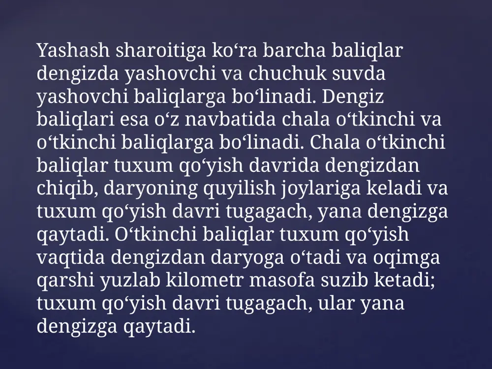 ecti-formes) — suyakli baliqlar turkumi. voyaga yetgan davrida tanasi asimmetrik siqilgan, yapaloq boʻladi. uz. 6 sm dan 4,7 m gacha, vazni bir necha g dan 330 kg gacha. jabra pardasi 6—7 nurli. suzgich pufagi boʻlmaydi, suzgich qanotlarida tikanlari, odatda, rivojlanmagan, qorin suzgichlari 5—6 nurli, tangachalari sikloid yoki ktenoid tipda. ikkala koʻzi ham boshining bir tomonida; bosh suyagi, juft suzgichlari, ogʻzi, nerv va ichki organlari asimmetrik tuzilgan. 7 oila (jumladan, kambalalar, botussimonlar, dengiz tillari va b.), 500 ga yaqin turni oʻz ichiga oladi. arktikadan subantarktikagacha boʻlgan barcha dengizlarda tarqalgan. dengizning sayoz qismida suv tubida yashaydi. zoobentos bilan oziqlanadi. { { baliq oziq-ovqatning eng muhim elementi hisoblandi. shu sababli jahonda ovlanadigan baliqning 75-80 foizi odamlar ovqatlanishi uchun sarflanadi, 20-25 foizi esa qayta ishlanib, uni qo’shimcha ozuqaga, baliq moyiga aylantiriladi va chorva ozuqachi yoki farmatsevtika sanoatida ishlatiladi.har yilda ovlanadigan baliq 100 mln.t.ga yetadi. dunyoda aholi jon boshiga 17-18 kg baliq to’g’ri keladi. yaponiyada …