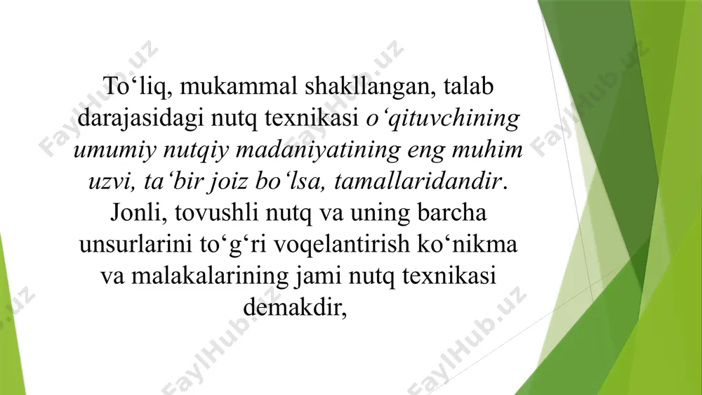 assislari muloqotdagi odamlar o‘rtasidagi masofani quyidagilarga ajratadi: imtim masofa (15-45 sm). bu masofaga kishi o‘ziga yaqin odamlarni yaqinlashtiradi. mutaxassislarning aytishicha, imtim masofa buzilganda kishinig yurak urishi tezlashadi, miyaga qon quyiladi va hokazo. 2. shaxsiy yoki personal masofa (45-120 sm). bunday masofa odatda do‘stlar va kasbdoshlar o‘rtasidagi suhbat chog‘ida o‘rnatiladi. bunda yuzma-yuz turish va ko‘z bilan aloqa o‘rnatish nazarda tutiladi. 3. ijtimoiy masofa (120-400 sm.dan ortiq). mazkur aloqa, odatda, rasmiy uchrashuv paytida unchalik tanish bo‘lmagan kishilar o‘rtasida o‘rnatiladi. 4. ommaviy masofa (400 sm.dan ortiq). miting, ma‘ruza o‘qish kabi ko‘p sonli odamlar bilan muloqot paytida o‘rnatiladi. insonning har bir harakatida uning miyasidagi ongli va ongsiz jarayonlar, fikr va hissiyotlar aks etadi. buni ruh va tananing dialogi deb atash mumkin. ko‘rinadiki, nutq madaniyatining mukammal bo‘lishi nolingvistik omillar bilar ham bevosita aloqadordir. zotan, so‘zlovchi muloqot jarayonida ―tana tili‖dan ham samarali foydalanadi. adabiy til – muayyan umumxalq tilining qayta ishlangan va me’yorlashtirilgan, mazkur tilda soʻzlashuvchi …