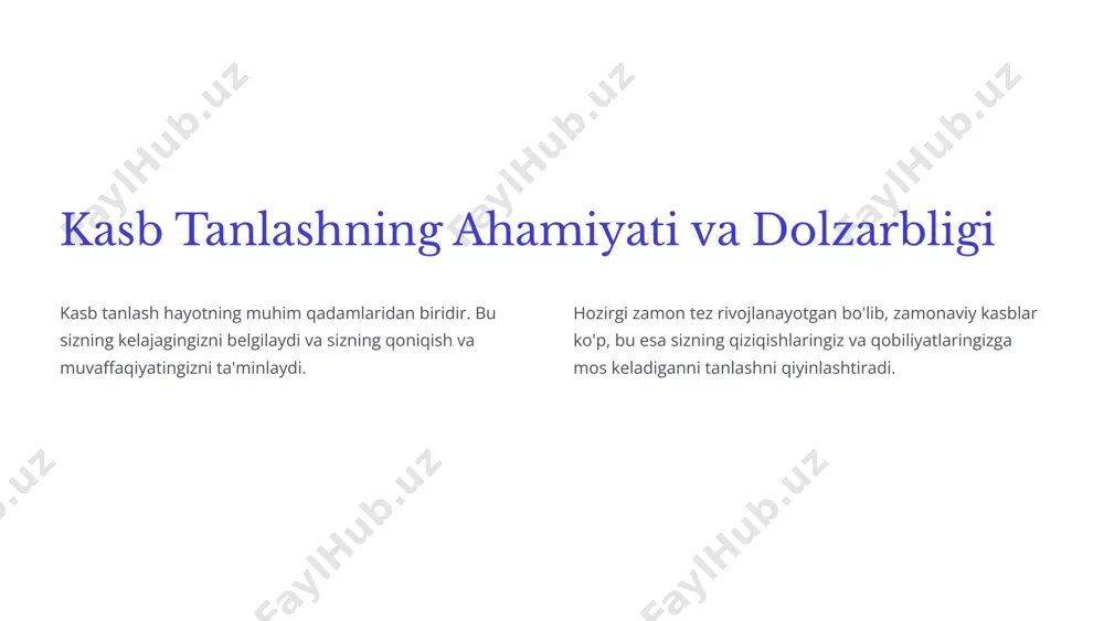 qobiliyatlaringiz va qiziqishlaringizni aniqlash. boshqalarning ta'siriga berilmaslik: sizning shaxsiy qiziqishlaringizni hisobga olish. 7 talabgor kasblar va istiqbolli yo'nalishlar sun'iy intellekt dasturchilar, muhandislar, ma'lumotlar tahlilchilari. ma'lumotlar fanlari ma'lumotlar tahlilchilari, ma'lumotlar ilmi mutaxassislari. kiberxavfsizlik kiberxavfsizlik mutaxassislari, xakerlar. 8 muvaffaqiyatli kasbiy faoliyat sirlari doimiy o'rganish o'z kasbingizni rivojlantirish uchun doimiy o'rganish. 1 ishga bo'lgan mehr sizning ishingiz sizga yoqishi va undan zavqlanishingiz kerak. 2 jamoa bilan ishlash jamoa bilan muvaffaqiyatli ishlash va hamkorlik. 3 muammolarni hal qilish o'z vazifalaringizni bajarish va muammolarni hal qilish. 4 9 savol-javoblar va yakuniy xulosalar endi sizga kasb tanlash jarayoni haqida savollarga javob berishga tayyorman. umid qilamanki, bu prezentatsiya sizga o'z yo'lingizni topishga yordam berdi. 10 image1.png image2.png image3.png image4.png image5.png image6.png image7.png image8.png image9.png image10.png image11.png image12.png image13.png image14.png image15.png image16.png image17.png image18.png