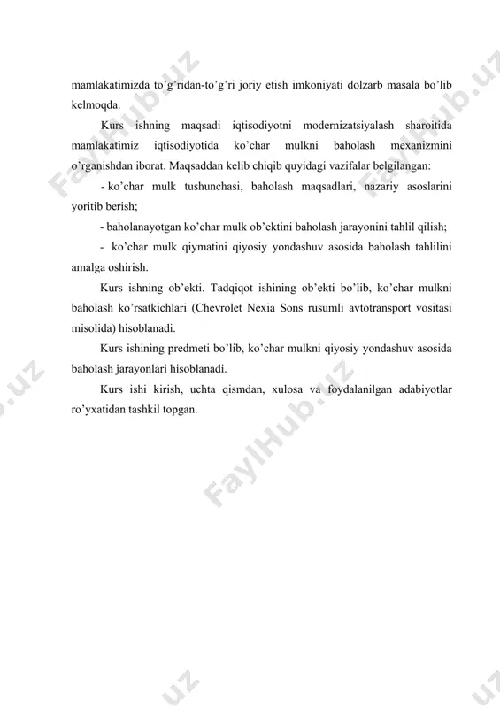 ium(jamiyat) institutlari (mulkiy huquq sub’ektlari) tomonidan qonuniy o’zlashtirishning (ya’ni, huquqlar “triadasini” tashkil qiluvchi egalik qilish, foydalanish va tasarruf etish huquqlarining) ijtimoiy shakli; 2) mulk-mulkiy huquq sub’ektlariga tegishli bo’lgan turli shakl va mazmundagi fuqarolik huquqlarining ob’ektlari (fho) sifatida namoyon bo’luvchi ashyolar, shu jumladan, pul va qimmatli qog’ozlar, mol-mulk, mulkiy huquqlar, ishlar va xizmatlar, ixtirolar, sanoat namunalari, shaxsiy nomulkiy huquqlar, moddiy va nomoddiy boyliklar bo’lib, ular mulkiy huquq sub’ektlarining mulkiy munosabatlari maqsadida tizimlashtirilgan ijtimoiy, iqtisodiy, yuridik va texnik-texnologik parametrlar bilan ifodalanuvchi turfa fho; 3) mulk-ko’p fanlarni o’zaro garmonizatsiyalashtirish negizida shakllanuvchi ko’pfanlilik (multifan) g’oyasiga asoslangan nazariyaning va ko’p asrli jamiyat taraqqiyoti va iqtisodiy amaliyotga ega tizimli tadqiqot ob’ekti, zero u ko’p turli, ko’p qirrali, ko’p xossali, ko’p bozorli, turli omillarga ta’sirchan murakkab tabiatli fuqarolik huquqlarining ob’ektlarining har qanday turi sifatida, “ne’mat- huquq- mulkdor” g’oyasiga asoslangan zamonaviy mulkdir. yuqoridagi fikrlarga asosan aytish mumkinki, mulk nazariyasi o’z ichiga bir-biri bilan o’zviy bog’langan mulkiy naf (qiymat, …