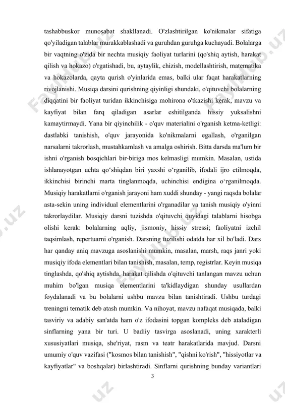 larini ta'kidlaydigan shunday usullardan foydalanadi va bu bolalarni ushbu mavzu bilan tanishtiradi. ushbu turdagi treningni tematik deb atash mumkin. va nihoyat, mavzu nafaqat musiqada, balki tasviriy va adabiy san'atda ham o'z ifodasini topgan kompleks deb ataladigan sinflarning yana bir turi. u badiiy tasvirga asoslanadi, uning xarakterli xususiyatlari musiqa, she'riyat, rasm va teatr harakatlarida mavjud. darsni umumiy o'quv vazifasi ("kosmos bilan tanishish", "qishni ko'rish", "hissiyotlar va kayfiyatlar" va boshqalar) birlashtiradi. sinflarni qurishning bunday variantlari bolaning badiiy tajribasini boyitadi. darsning tuzilishi moslashuvchan bo'lishi kerak va bolalarning yoshi, mazmuni va qo'yilgan vazifalarga qarab, uni o'zgartirish mumkin. erta va kichik maktabgacha yoshdagi guruhlarda darslar ko'proq erkin, erkin, o'ynoqi. musiqa darsining tuzilishi har bir yosh guruhining dasturi va umumiy ta'lim vazifalari bilan belgilanadigan bolalar faoliyatining turli turlarini almashtirishni o'z ichiga oladi. 2. musiqiy faoliyat turlari va shakillari musiqiy faoliyat turlari. musiqiy faoliyatning etakchi turlaridan biritinglash-idrok qilish. musiqa tinglash bolalar orkestri uchun qo'shiqlar, raqslar, notalar o'rganishdan …