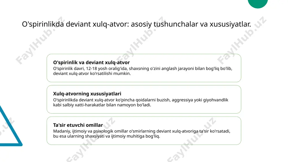 a ta'siri. 01 psixologik o'zgarishlar o'spirinlik davrida psixologik o'zgarishlar kuchli bo'ladi. bu davrda shaxsiy identitetni aniqlash va o'z-o'zini anglash jarayoni davom etadi. 02 stress va hissiyotlar o'spirinlar ko'pincha stress va hissiy holatlar bilan kurashadilar. bu holatlar deviant xulq-atvorni keltirib chiqarishi mumkin, masalan, giyohvandlikka yoki agressiyaga moyillik. 03 identitet muammolari o'spirinlikda identitet muammolari keng tarqalgan. o'zligini topish jarayonida o'spirinlar ijtimoiy bosim va o'z-o'zini anglash qiyinchiliklariga duch keladilar. o'spirinlikdagi psixologik omillar: o'z-o'zini anglash va identitet muammolari. 1 o'z-o'zini anglash o'z-o'zini anglash, o'spirinlar uchun muhim jarayondir. bu davrda ular o'z his-tuyg'ularini, fikrlarini va ijtimoiy roli haqida chuqurroq fikr yuritadilar. 2 identitet muammolari o'spirinlikdagi identitet muammolari, o'zini qabul qilish va boshqalar bilan bog'lanish bilan bog'liq. bu jarayon ba'zan psixologik stress va noaniqlik keltirib chiqaradi. 3 ta'sir va o'zgarishlar o'z-o'zini anglash jarayonida ijtimoiy va madaniy omillar ta'sir ko'rsatadi. bu omillar, o'spirinlarning xulq-atvoriga va identitet rivojlanishiga muhim ta'sir qiladi. stress va hissiy holatlar: deviant xulq-atvorning psixologik …