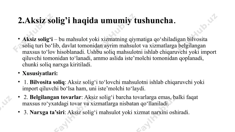 ishlab chiqarilgan mahsulotlar uchun). • import qiluvchilar (chet eldan import qilinadigan aksiz solig‘iga tortilgan mahsulotlar uchun). • savdo tashkilotlari (mahsulotlar sotilganda aksiz solig‘ini to‘lashadi, ammo ular bu soliqni iste’molchidan olishadi). 8. aksiz solig‘ini hisoblashning asosiy tamoyillari. asos: soliq mahsulotning narxi yoki hajmi asosida hisoblanadi. stavkalar: har bir mahsulot turi uchun alohida belgilangan. misol: 10% stavkali mahsulot uchun 1 000 000 so‘m narx bo‘yicha aksiz miqdori: 1 000 000 × 0.10 = 100 000 so‘m. aksiz solig’ini hisoblash formulasi: formula: aksiz = (mahsulot narxi × stavka) yoki hajmga qarab. amaliy misol: 5 litr ichimlik (stavka = 20%) uchun: 5 × 10 000 × 20% = 10 000 so‘m. xulosa aksiz solig‘i davlat daromadlarini oshirish va iqtisodiy jarayonlarni boshqarishda muhim vosita hisoblanadi. uning to‘g‘ri qo‘llanilishi byudjet barqarorligini ta’minlash bilan birga, ijtimoiy va iqtisodiy barqarorlikka xizmat qiladi. foydalanilgan manbalar o‘zbekiston respublikasi soliq kodeksi. xalqaro statistik hisobotlar. iqtisodiy tadqiqotlar natijalari. lex.uz arxiv.uz wikepediya etiboringiz …