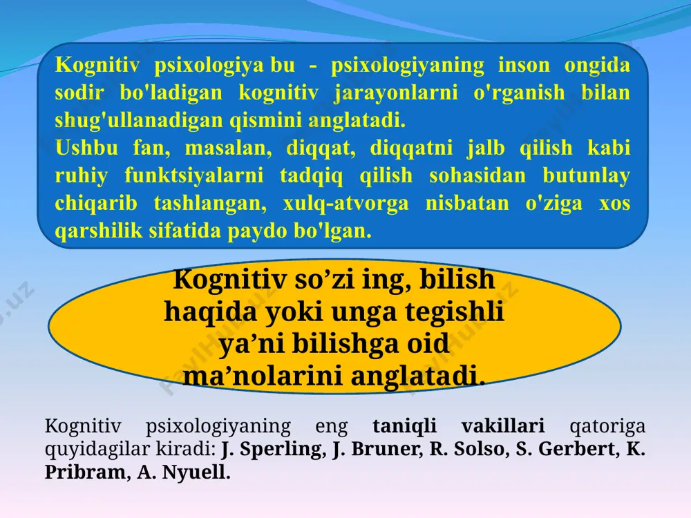 grafo - yozmoq modelini ishlab chiqdi va bu noyob kashfiyotga olib keldi. xotira miyaning alohida qismlarida to'planmagan, balki barcha bo'limlar bo'yicha taqsimlangan. ushbu kashfiyot kognitiv psixologiyada inqilobni amalga oshirdi, chunki ilgari bu miyani o'rta loblari ma'lumotni idrok etish va saqlash uchun javobgardir, deb ishonishgan. pribram tajribalarining nazariyasi va natijalari to'liq tan olinmagan, ammo keyingi eksperimentlarning aksariyati tomonidan bilvosita tasdiqlangan. * kognitiv psixologiya (eng muhim psixologiya) o'tgan asrning 60-yillarida paydo bo'ldi. * psixologiyaning ushbu qismi zamonaviy hududlarga kognitiv jarayonlarni o'rganishdagi ma'lumotlarni anglatadi. kognitiv psixologiya, qoida tariqasida, uning bilan bog'liq muammolar bilan birlashadi: * xotirasi bilan; * hissiyotlar; * diqqat; * fikrlash (shu jumladan mantiqiy; * xayol; * muayyan qarorlarni qabul qilish qobiliyati. hozirgi vaqtda kognitiv psixologiyaning shakllanishi ko'p jihatdan odamlardagi kognitiv xarakterga ega bo'lgan va hisoblash orqali o'zgartirilgan ma'lumotlarni yaratishga asoslangan. masalan: xotira nuqtai nazaridan (richard atkinson) r.atkinson richard shiffrin bilan birgalikda xotira modelini quyidagicha talqinda taqdim etadi; vaqtinchalik hissiy hotira …