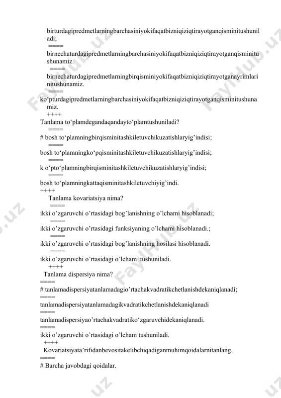 = natijaviy omil hamda tadqiqotga kiritilgan ikki yoki undan ko‘p omillarning bog‘liqligi; ==== ikkita omil (natijaviy va omillar yoki ikkita omil) o‘rtasidagi bog‘lanish; ==== sifatiy omillar o‘rtasidagi bog‘lanish. ++++ quyidagi qiymatlardan qaysi biri korrelyasiyaning juft koeffitsientini qabul qila olmaydi? ==== # 1,111; ==== -0,973; ==== 0,005; ==== 0,721. ++++ korrelyasiya chiziqli koeffitsientining qaysi qiymatida y va xomillar o‘rtasidagi bog‘lanishni jips (kuchli) deb hisoblash mumkin? ==== -0,975; ==== 0,657; ==== -0,111; ==== 0,421. ++++ agar y va xomillar o‘rtasidagi korrelyasiya juft koeffitsienti 1 ga teng bo‘lsa, u nimani anglatadi? ==== to‘g‘rifunksionalbog‘lanishningmavjudligi. ==== bog‘lanishningyo‘qligi; ==== teskarikorrelyasionbog‘lanishningmavjudligi; ==== teskarifunksionalbog‘lanishningmavjudligi; ++++ agar y va x omillar o‘rtasidagi korrelyasiya juft koeffitsienti 0,675 qiymatni qabul qilsa, u holda determinatsiya koeffitsienti nimaga teng? ==== 0,456. ==== -0,675; ==== 0,576; ==== 0,822; ++++ korrelyatsiyakoeffitsientiningo‘zgarishsohasi ==== -1;+1 ==== +2;-1 ==== 0;+3 ==== +2;-2 ++++ engkichikkvadratlarusuliningmohiyatiminimallashtirishdaniborat: ==== regressiyatenglamasibo'yichatopilgannazariyqiymatlardannatijaviyo'zgaruvchihaqiqiyqiymatlariningog'ishmalarikvadratlariyig'indisi. ==== regressiyatenglamasibo'ichatopilgannatijaviyo'zgaruvchihaqiqiyqiymatlariningnazariyqiymatlardanog'ishmalaryig'indisi; ==== natijaviyo'zgaruvchidispersiyasi; ==== regressiyatenglamasibo'ichatopilgannatijaviyo'zgaruvchihaqiqiyqiymatlariningnazariyqiymatlardanog'ishmalariabsolyutyig'indisi; ++++ ekonometrikmodelningspetsifikatsiyasi (kamidabittajavobnitanlang): ==== o'zgaruvchilaro'rtasidagibog'lanishtenglamasiturinimatematikshakldao'rnatish; ==== …