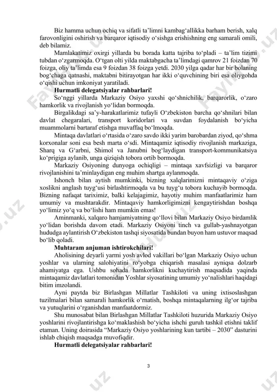 bi tomonidan ilgari surilgan “ish o‘rinlarini yaratish va ijtimoiy himoya global akseleratori” borasidagi tashabbusni qo‘llab-quvvatlaymiz. mazkur tashabbus doirasida tajriba almashish uchun 2024-yili birlashgan millatlar tashkiloti shafeligida “ijtimoiy himoya: barqaror taraqqiyot sari yo‘l” butunjahon konferensiyasini yurtimizda o‘tkazishni taklif etaman. hurmatli sammit ishtirokchilari! so‘nggi yillarda o‘zbekistonda inson huquqlarini himoya qilish bo‘yicha e’tiborga loyiq natijalarga erishdik. mamlakatimizda majburiy va bolalar mehnatiga to‘liq barham berildi. bir asr mobaynida o‘zbekistonda millionlab insonlar paxta terimiga majburiy ravishda jalb etib kelindi. har yili sentyabr oyidan dekabrgacha aholining asosiy qismi – o‘qituvchi va shifokorlar, tadbirkorlar, ishchi va xizmatchilar, eng achinarlisi, maktab o‘quvchilari va talabalar paxta terimiga safarbar qilinar edi. buning natijasida o‘zbek paxtasiga boykotlar e’lon qilingan, mamlakat esa yillar davomida “qora ro‘yxat”larga kiritilgan edi. qat’iy irodamiz tufayli endi bularning barchasi o‘tmishga aylandi. xalqimiz paxta qulligidan butkul ozod bo‘ldi. yangi konstitutsiyamizda majburiy mehnat taqiqlanishi kafolatlab qo‘yildi va buning uchun jinoiy javobgarlik belgilandi. majburiy va bolalar mehnatiga qarshi kurashni butun …