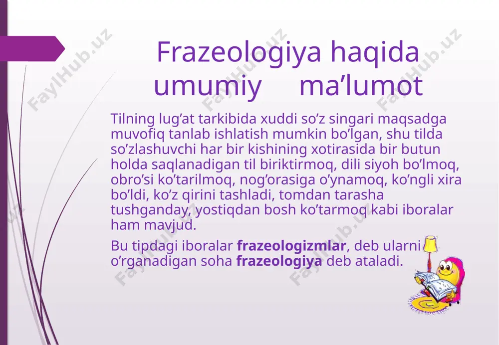 lashmalar frazeologizmlarning bu turida ibora butun holda ko’chma ma’noda qo’llaniladi, ammo iboraning umumiy ma’nosi uning tarkibidagi so’zlarning lug’aviy ma’nolari bilan ma’lum darajada bog’langan bo’ladi. masalan, oralaridan qil o’tmaydi, tepa sochi tika bo’ldi, og’zi qulog’iga yetdi, pashshadan fil yasamoq va boshqalar. bunday iboralarda mubolag’a, o’xshatish kabi tasviriy vositalarning qo’llanishi uning obrazliligini, ta’sirchanligini oshiradi. masalan, hamma ish xairda qil sug’urgandan imim – jimida hal bo’ldi. bu turdagi iboralarda so’zlar orasidagi garmmatik aloqa sezilib tursa-da, ular gap bo’laklariga ajralmaydi, balki butun holda bitta sintaktik vazifa bajaradi. masalan, yulduzni benarvon uradigan yigitlar – o’shalar gapidagi yulduzni benarvon uradigan iborasi to’ldiruvchi, hol va kesimga ajralmaydi, balki butun holda bitta birikmali aniqlovchi vazifasini bajaradi. frazeologik birlashmalar so’z kiritish tarkibidagi so’zlar o’rnini o’zgartirish so’zlardan birini boshqa ma’nodagi so’z bilan almashtirish frazeologizmlarning bu turida ham ibora butun holda ko’chma ma’noda qo’llaniladi, ammo uning ma’no tarkibidagi so’zlarning ma’nosi bilan o’zaro bog’lanmaydi. masalan, o’takasi yorildi iborasi butun holda ko’chma ma’noni …
