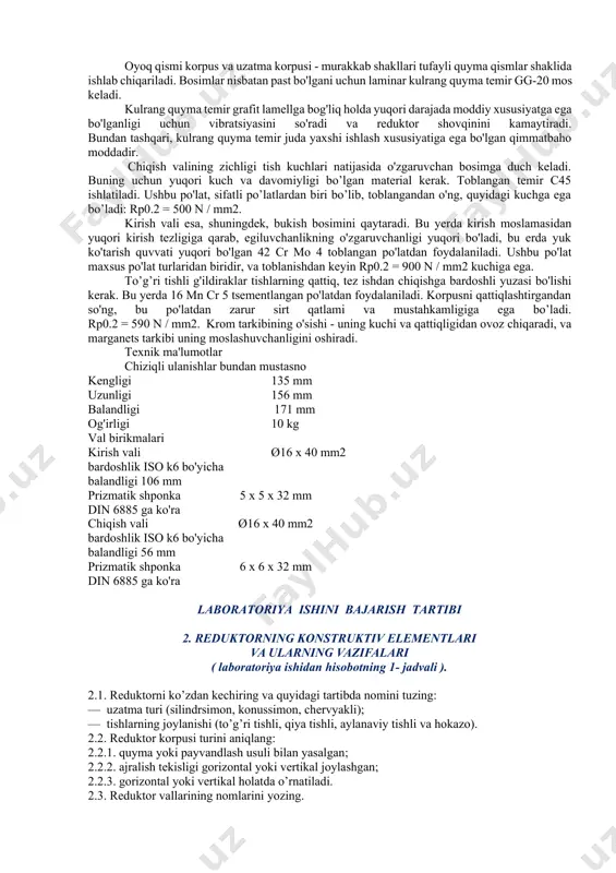 rni qisqartirishi va qayta ishlash printsiplariga asoslanadi. oyoq qismi korpus va uzatma korpusi - murakkab shakllari tufayli quyma qismlar shaklida ishlab chiqariladi. bosimlar nisbatan past bo'lgani uchun laminar kulrang quyma temir gg-20 mos keladi. kulrang quyma temir grafit lamellga bog'liq holda yuqori darajada moddiy xususiyatga ega bo'lganligi uchun vibratsiyasini so'radi va reduktor shovqinini kamaytiradi. bundan tashqari, kulrang quyma temir juda yaxshi ishlash xususiyatiga ega bo'lgan qimmatbaho moddadir. chiqish valining zichligi tish kuchlari natijasida o'zgaruvchan bosimga duch keladi. buning uchun yuqori kuch va davomiyligi bo’lgan material kerak. toblangan temir c45 ishlatiladi. ushbu po'lat, sifatli po’latlardan biri bo’lib, toblangandan o'ng, quyidagi kuchga ega bo’ladi: rp0.2 = 500 n / mm2. kirish vali esa, shuningdek, bukish bosimini qaytaradi. bu yerda kirish moslamasidan yuqori kirish tezligiga qarab, egiluvchanlikning o'zgaruvchanligi yuqori bo'ladi, bu erda yuk ko'tarish quvvati yuqori bo'lgan 42 cr mo 4 toblangan po'latdan foydalaniladi. ushbu po'lat maxsus po'lat turlaridan biridir, va toblanishdan keyin …