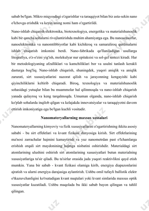 ushbu omil tufayli ballistik elektr o'tkazuvchanligini ko'rsatadigan kvant nuqtalari yoki kvant simlarida maxsus optik xususiyatlar kuzatiladi. ushbu maqolada bu ikki sabab bayon qilingan va tahlil qilingan. ba'zi nanomateriallarning o'ziga xos xususiyatlarining ikkinchi sababi - kvant fizikasi olamiga kirish va energiya darajalarining dissotsiatsiyasi. avvalo shuni ta'kidlash kerakki, bu hodisa barcha nanomateriallar uchun amal qilmaydi va u faqat kvant nanomateriallari uchun sodir bo'ladi. kvant nanomateriallari - bu bir, ikki yoki uch o'lchami kvant fizikasi olamiga kirish uchun zarur bo'lgan muhim o'lchamlardan kamroq bo'lgan birikmalardir. nanomateryallar uchun zarur bo'lgan muhim o'lchamlar ularning turiga qarab belgilanadi. yarimo'tkazgichlar uchun kritik o'lchamlar taxminan 10 nm, o'tkazgichlar uchun esa taxminan 1-3 nm. zarrachaning kichrayishi va uning o'lchamlari yuz nanometrdan past bo'lishi bilan, sirt atomlari foizining ortishi sezilarli bo'ladi. hajmining kamayishi bilan sirt atomlarining nisbati ko'tarilish qiyaligi ham ortadi. 2-rasmda zarrachalar hajmini kamaytirishning sirt atomlari nisbatiga ta'siri ko'rsatilgan (sirt maydoni-hajm nisbati). ko'rinib turibdiki, zarracha kichrayib, uning o'lchamlari yuz …