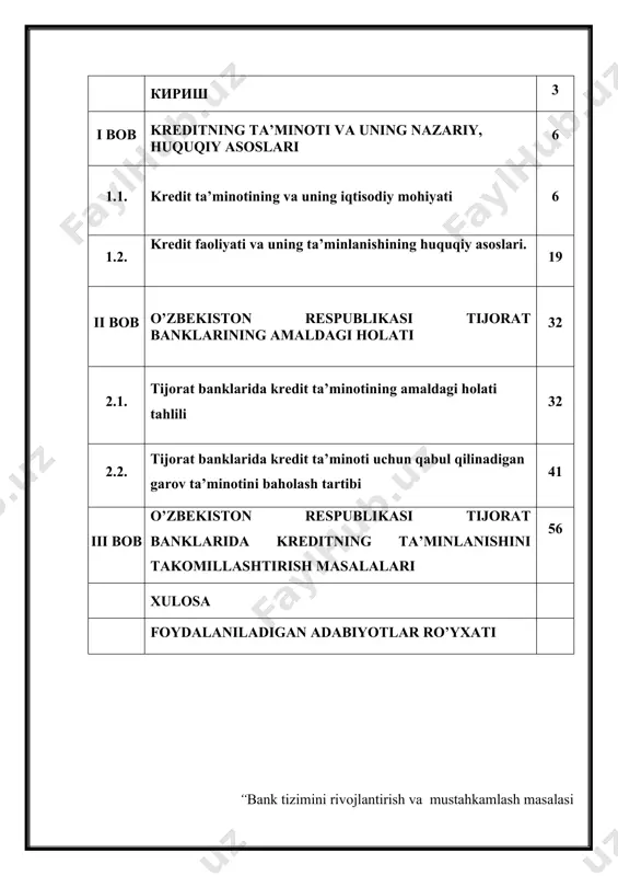 mmoni qisman hal etish, ya'ni mijoz tomonidan kreditni qaytara olmaslik riskini kamaytirish yo'llaridan biri mijoz mulkining ma'lum qismini berilgan kredit uchun garov sifatida talab qilishdir. bugungi kunda respublikamizda iqtisodiyotni rivojlantirishga yo'naltirilayotgan bank kreditlari hajmining oshishi, bank kreditlaridan foydalanayotgan turli mulkchilik va xo'jalik yuritish shaklidagi mijozlar miqdori ko'payishi va banklar tomonidan berilayotgan kreditlarni oqilona joylashtirish va ular samaradorligini oshirish, berilgan kreditlar hamda ular bo'yicha hisoblangan foizlarni o'z vaqtida undirib olishni ta'minlash banklar kredit portfeli ustidan doimiy kuzatib borish asosiy ishi deb talab qilinmoqda. kredit oluvchilarning to'lovga layoqatsizligi, hisob-kitob qilishga qurbi yetmayotgani moliya-bank tizimida jiddiy muammolar paydo bo'lishiga olib kelmoqda. o'zbekiston respublikasi prezidentining 2011 yil 7 yanvarda qabul qilingan «2011-2015 yillarda o'zbekiston iqtisodiyotida islohotlar ko'lamini kengaytirish va chuqurlashtirish, mamlakatda ishchanlik muhitini shakllantirishning mezonlari va baholash tizimini aniqlash va amalga oshirishga doir choralar-tadbirlar dasturi to'g’risida»gi pq-1464-sonli qaroriga asosan, tijorat banklarida kichik biznes sub'ektlariga kreditlarni ajratishda garovga qo'yilgan mulkni rasmiylashtirish bilan bog’liq xarajatlarni kreditning …
