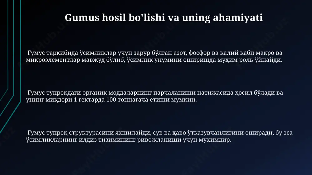 hilaydi; bu jarayon, tuproqning 10-25% gacha bo'lgan suvni tezroq singdirish imkonini beradi. mikroorganizmlar tuproq agregatlarini hosil qilishda ishtirok etib, suvni yaxshiroq ushlashga yordam beradi; bu esa, 15-20% gacha suv sig'imini oshirishi mumkin. tuproq mikroflorasining xilma-xilligi tuproq mikroflorasining turlari orasida azotni bog'lovchi bakteriyalar (rhizobium), fosfatni erituvchi bakteriyalar va sellülozani parchalovchi qo'ziqorinlar kabi 1000 dan ortiq tur mavjud. tuproq mikroflorasining xilma-xilligi tuproqning ph darajasi, namligi va organik moddalar miqdoriga bog'liq bo'lib, optimal sharoitlarda 5000 dan ortiq mikroorganizmlar turi uchraydi. tuproq mikroflorasining tarkibida 1 gramm tuproqda 10⁹ dan ortiq bakteriya, qo'ziqorin va aktinomisetlar kabi mikroorganizmlar mavjud bo'lib, ularning xilma-xilligi tuproqning unumdorligini belgilaydi. kasallik qo'zg'atuvchi mikroorganizmlar va ularning nazorati kasallik qo'zg'atuvchi mikroorganizmlar, masalan, fitoftora va fusarium turlari, tuproq unumdorligiga 10-25% gacha zarar yetkazishi mumkin, bu hosil miqdorining kamayishiga olib keladi. tuproqni dezinfektsiyasi, ayniqsa, 80-90°c haroratda bug' bilan ishlov berish, ko'plab kasallik qo'zg'atuvchi mikroorganizmlarni yo'q qilishga yordam beradi, lekin foydali mikrofloraga ham ta'sir qilishi mumkin. …