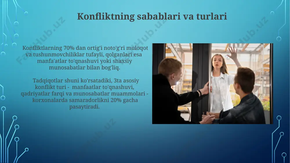 i muayyan vaziyatlarga mos keladi. konfliktni oldini olish strategiyasi konfliktni oldini olish strategiyasi samaradorligini 50% ga oshirish uchun, proaktiv aloqa va ochiq muloqot kanallarini o'rnatish muhim, bu esa 3 dan ortiq asosiy manfaatdor tomonlarni jalb qilishni o'z ichiga oladi. resurslarni samarali taqsimlash orqali, masalan, 70/30 qoida asosida, vaqtni boshqarishni yaxshilash bilan birgalikda konflikt ehtimolini 15% ga kamaytirish mumkin. kompromiss topish strategiyasi kompromiss topish strategiyasi ikki tomonlama kelishuvga asoslangan boʻlib, har bir taraf oʻz manfaatlarining taxminan 50% dan voz kechishi mumkin. bu, tezkor hal qilish uchun samarali, ammo uzoq muddatli echimlarga kafolat bermaydi. murosasizlik holatlarida, kompromiss topish strategiyasi 2 dan ortiq tomon ishtirok etsa, murakkablashadi va har bir tomonning manfaatlarini 3 dan ortiq parametrlar boʻyicha muvozanatlashni talab qiladi. e'tiboringiz uchun rahmat @taqdimot_robot image3.jpg image4.jpg image5.jpg image6.jpg image7.jpg image8.jpg image9.jpg image10.jpg image11.jpg image12.jpg image13.jpg image14.jpg image2.png