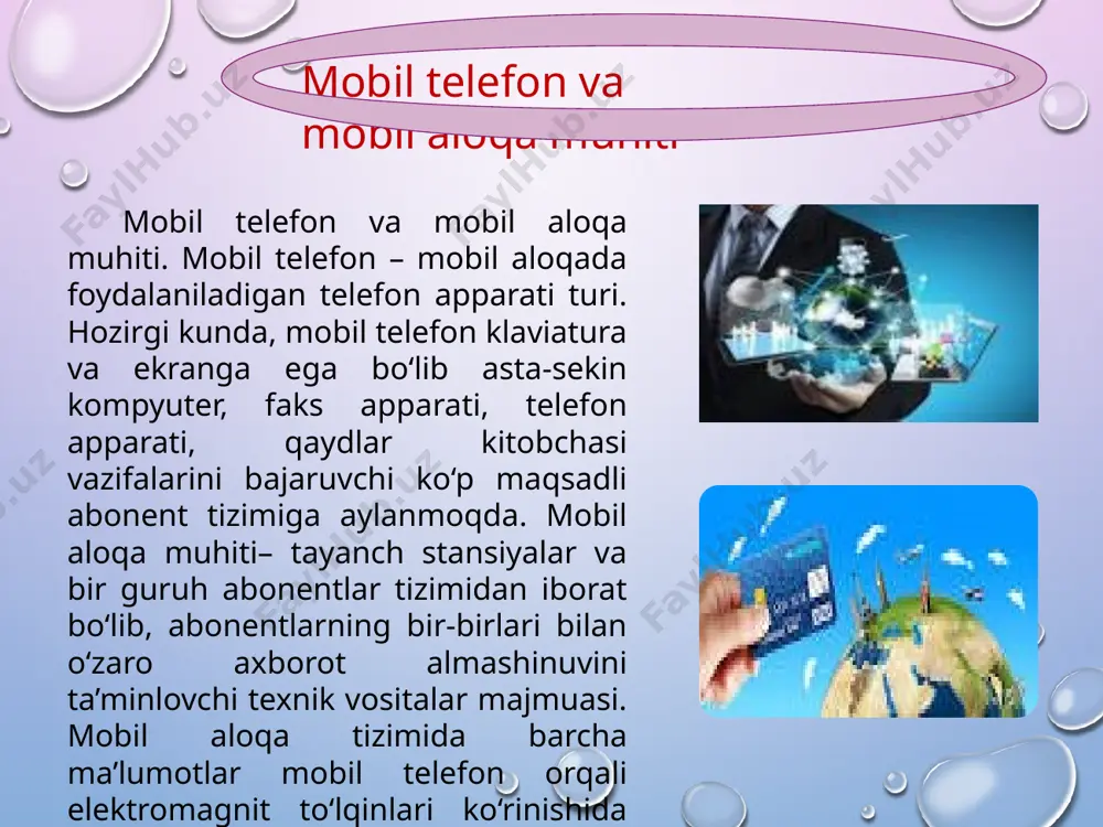 barcha vazifalari mujassamlangan. iphone - to‘rt diapazonli multimediyali smartfonlar lineykasi. iphone o‘zida telefonning asosiy vazifalaridan tashqari kommunikator va internet planshetlarning asosiy funksiyalarini ham qamrab olgan. internet planshetlar – bu maxsus mobil qurilma bo‘lib, shaxsiy kompyuterning klassik namunasidir. planshetlar (masalan ipad) tashqi ko‘rinish jihatidan kompyuterdan butunlay farq qiladi. planshetlar faqatgina ekrandan tashkil topgan bo‘lib, boshqa qo‘shimcha qurilmalar (sichqoncha, klaviatura) virtual ko‘rinishda tashkil etilgan. planshetlar to‘liqligicha mobil aloqa muhiti orqali internet xizmatlaridan foydalanishga va hujjatlar bilan ishlashga ixtisoslashgan. dastlab 20-asr 80-yillarida qoʻl telefon aloqa, asosan, analog texnologiyalarga asoslangan, keyinroq mobil telefonda aloqa tizimi sof raqamli tizimga oʻtgan. yevropa mamlakatlarining deyarli har birida oʻz milliy tarmogʻi ishlab chiqilgan (mas, fransiyada radiocom 2000). mobil telefonga doyr xalqaro hamkorlik dastlab koʻchma radioaloqa tizimi masalalari boʻyicha nemisfransuz tadqiqotlari natijasi sifatida pochta va kommunikatsiyalar maʼmuriy xodimlarining yevropa konfederatsiyasi sert (conference des admi nistrations europcennes des postes et telecommunications) rahbarligida tashkil etildi. 1982 yil bu int 26 yevropa …