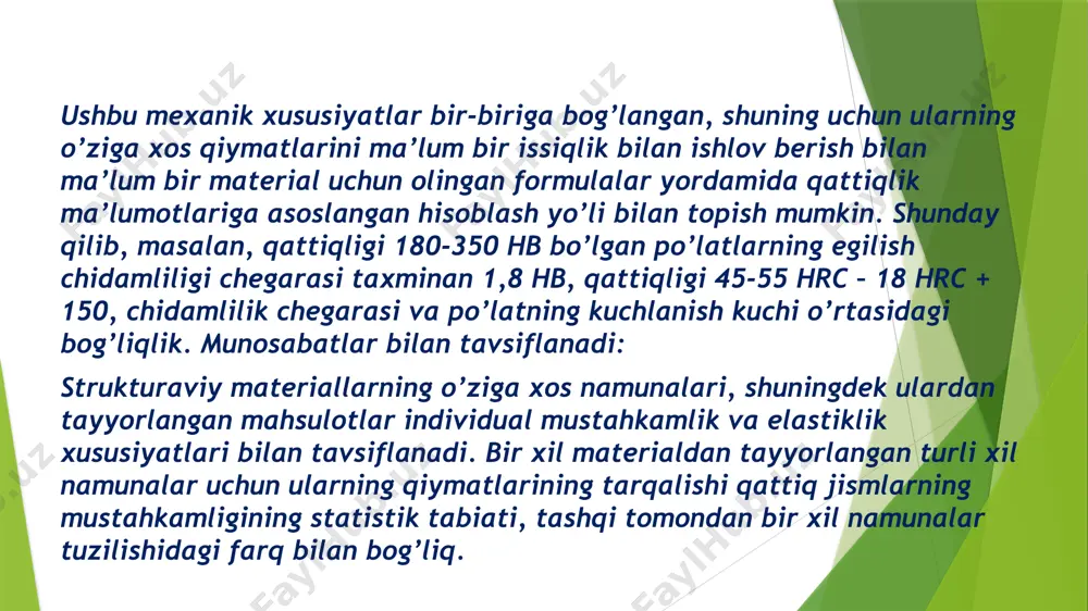 an metall yoki qotishma ichiga bosish, izning diametrini hisoblash va mexanik parametrni keyingi matematik hisoblashdir. rokvell: to’p yoki olmos konus ishlatiladi. qiymat shkalada ko’rsatiladi yoki hisoblab chiqiladi. vickers: olmosli piramidal uchi yordamida metall qattiqligini eng aniq o’lchash. o’lchov variantini belgilovchi omillar laboratoriya sharoitida zarur asbob-uskunalar mavjud bo’lganda, tadqiqot usulini tanlash ishlov beriladigan qismning ma’lum xususiyatlariga qarab amalga oshiriladi. mexanik parametrning taxminiy qiymati. 450-650 hb gacha bo’lgan past qattiqlikdagi strukturaviy po’latlar va materiallar uchun brinell usuli qo’llaniladi; asbob, qotishma po’latlar va boshqa qotishmalar uchun – rokvell; qattiq qotishmalar uchun – vickers. sinov namunasining o’lchamlari. ayniqsa, kichik va ingichka qismlar vickers qattiqlik o’lchagich bilan tekshiriladi. o’lchov nuqtasida metallning qalinligi, xususan, sementlangan yoki nitridlangan qatlam. barcha talablar va muvofiqliklar gost tomonidan hujjatlashtirilgan. image1.jpeg image2.jpeg image3.jpeg image4.jpeg