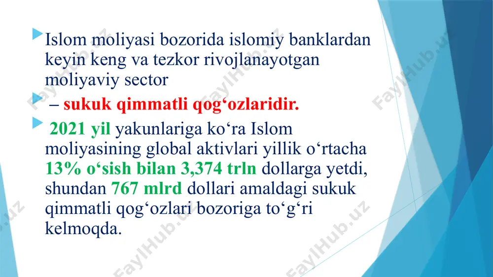 3. aktivlar qiymati oshganda sukuk qiymati ham oshadi. obligatsiyalardan olinadigan foyda qat’iy belgilangan foizlarda aks ettiriladi. 4. sukukni sotganingizda, ularni qo‘llab-quvvatlovchi mol-mulkka egalik huquqini sotasiz. obligatsiyalarni sotish -bu qarzlarni sotish demakdir. sukuk instrumentining hususiyatlari quyidagilardan iborat: 1. sukuk obligatsiyalari –o‘rta va uzoq muddatli moliyaviy instrument hisoblanadi. 2. u xalqaro reyting agentliklarining ro‘yxatlari va reytinglariga kiritilgan bo‘lib, bu investorlar uchun risklilik darajasini baholashda yordam beradi. 3. investitsiya davrida muntazam daromad oqimlari, kapital narxini oshirish imkoniyati mavjud. 4. sukuklarning ba’zi turlarini belgilangan muddatdan oldin ikkilamchi bozorda sotish mumkin emas. sukuk islom qimmatli qogʻozi kapitalni jalb qilishning foizsiz instrumenti sifatida, bundan 30 yil avval paydo boʻlgan boʻlsa-da, bozorning rivojlanishi 2001-yilga toʻgʻri keladi. dastlabki sukuk malayziyada 1990-yil emissiya qilindi va orada ancha yillik tanaffusdan soʻng 2001-yilda sukuk qimmatli qogʻozlari faol muomalaga chiqarila boshlandi. bugungi kunga kelib esa sukuk-moliyaviy instrumenti oʻrta va uzoq muddatli investitsiyalarni jalb qilish va ulkan investorlar bazasini yaratishning muqobil vositasi sifatida …