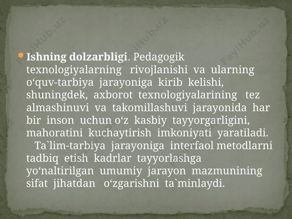iy axborot texnalogiyalari bilan ishlash ,ma’lumotlarni qayta ishlash va tahlil qilish ko’nikmalarini sifatli o’rgatishdir. informatika fanini o'qitishda bir nechta muhim didaktik tamoyillarni hisobga olish lozim: ijobiy motivatsiya: o'quvchilarning informatika faniga qiziqishlarini oshirish va ular uchun bu sohani amaliy hayotda qanday foydali ekanini ko'rsatish. o'qitish jarayonida o'quvchilarda bilim olishga bo'lgan qiziqish va ehtiyojni shakllantirish juda muhim. differensiyalash tamoyili: o'quvchilarning turli bilim darajalarini hisobga olish va o'qitishni har bir o'quvchiga moslashtirish. bu, o'quvchilarning individual ehtiyojlarini qondirishga yordam beradi va har bir o'quvchining o'ziga xos rivojlanish jarayonini ta'minlaydi. ilmiylik tamoyili: informatika fani o'qitilishida ilmiy yondoshuvni ta'minlash, ya'ni faning asosiy tamoyillari va metodlarini o'quvchilarga aniq va to'liq tarzda etkazish. . muvaffaqiyatga erishish tamoyili: o'quvchilarni bilim olish jarayonida muvaffaqiyatga erishishga undash, hamda ularning kichik yutuqlarini e'tirof etish. bu o'quvchilarga o'zlarini rivojlantirish uchun qo'shimcha rag'bat beradi. aktiv o'qitish tamoyili: informatikani o'rgatishda faqat nazariy bilimlarni berish bilan cheklanib qolmaslik, balki o'quvchilarning amaliy ishlarni bajarish orqali o'z bilimlarini …