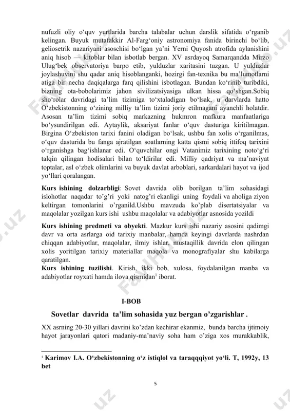 ag‘ishlanar edi. o‘quvchilar ongi vatanimiz tarixining noto‘g‘ri talqin qilingan hodisalari bilan to‘ldirilar edi. milliy qadriyat va ma’naviyat toptalar, asl o‘zbek olimlarini va buyuk davlat arboblari, sarkardalari hayot va ijod yo‘llari qoralangan. kurs ishining dolzarbligi: sovet davrida olib borilgan ta’lim sohasidagi islohotlar naqadar to’g’ri yoki natog’ri ekanligi uning foydali va aholiga ziyon keltirgan tomonlarini o’rganild.ushbu mavzuda ko’plab disertatsiyalar va maqolalar yozilgan kurs ishi ushbu maqolalar va adabiyotlar asnosida yozildi kurs ishining predmeti va obyekti. mazkur kurs ishi nazariy asosini qadimgi davr va orta asrlarga oid tarixiy manbalar, hamda keyingi davrlarda nashrdan chiqqan adabiyotlar, maqolalar, ilmiy ishlar, mustaqillik davrida elon qilingan xolis yoritilgan tarixiy materiallar maqola va monografiyalar shu kabilarga qaratilgan. kurs ishining tuzilishi. kirish, ikki bob, xulosa, foydalanilgan manba va adabiyotlar royxati hamda ilova qismidan[footnoteref:1] iborat. [1: karimov i.a. o‘zbekistonning o‘z istiqlol va taraqqqiyot yo‘li. t, 1992y, 13 bet ] i-bob sovetlar davrida ta’lim sohasida yuz bergan o’zgarishlar . xx asrning …