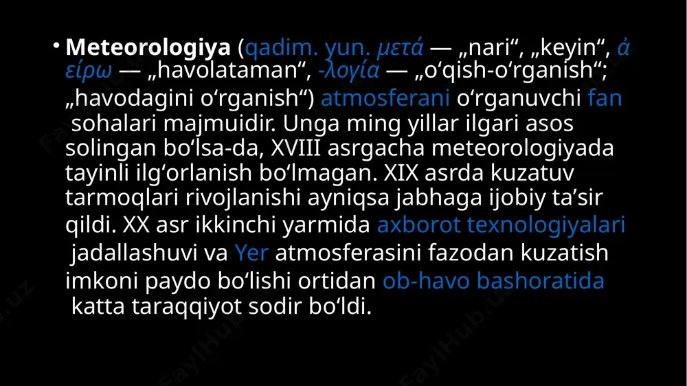 9-yilda peterburgda tashkil etildi. 19-asrning oʻrtalarida antarktidadan boshqa barcha qitʼalarda meteorologik stansiya davlat tarmogi tashkil etilib boʻlgan edi. bu davrda mu-him meteorologik asboblar, temperatura oʻlchovidan namlikni aniqlaydigan avgust psixrometri (1825), kosali barometr, aneroid (1847), termograf, aktinometr yaratildi. u paytlarda m. fizika fani sifatida rivojlandi, lekin tadqiqotlar kuzatish materiallarini statistik tahlil yoʻnalishi boʻyicha olib borildi. . oʻzbekistonda 1921-yilda toshkentda turkiston meteorologiya instituti (turkmet) tashkil etilgandan keyin rivojlana boshladi. shu yilning kuzida turkmetda sinoptika boʻlimi tashkil etilib, obhavo maʼlumotlariga ega boʻlgan byulletenning 1nashrini chiqara boshladi va turkiston hududi boʻyicha sifatli kundalik prognoz tay-yorlashga kirishdi. 1925-yildan bu institut oʻrta osiyo meteorologiya instituti (sredazmet) deb atala boshlandi. 1927-yil noyabr oyidan oʻzining bosmaxonasida oylik obhavo meteorologiya byulletenini muntazam ravishda nashr eta boshladi. xalq xoʻjaligining rivojlanishi meteorologik taʼminotni qishloq xoʻjaligi, chorvachilik, irrigatsiya, aviatsiya va uning boshqa tarmoqlari uchun kengaytirish talabini qoʻydi. yangi talablarga muvofiq, gidrometxizmatni qayta tashkil etish va yangi boʻlimlar bunyod etish amalga oshirildi, ular …