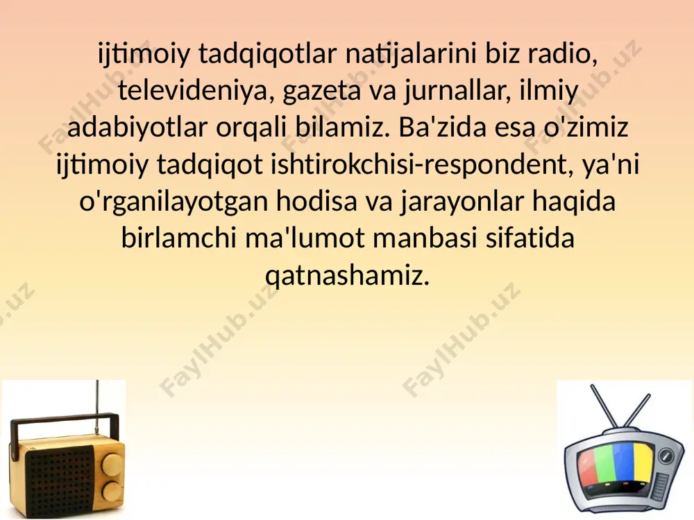ni o'z ichiga oladi: ijtimoiy tadqiqot tanlovini o'tkazish. pilotaj dastlabki ijtimoiy ma'lumotlarni yeg'ish. empirik ma'lumotlarning sifat va aniqlik darajasini nazorat qilish. 3. bosqich. empirik ma'lumotlarni qayta ishlash: olingan empirik ma'lumotlarni guruhlarga ajratish. taqsimiy jadval tuzish. empirik ma'lumotlarni kompyuterga kiritish va modellashtirish. 4. bosqich, yakunlovchi bosqich bo'lib olingan ma'lumotlarni tahlil qilish, umumlashtirish, ulardan ilmiy hulosalar chiqarish va amaliy takliflar, tavsiyalar ishlab chiqishni o'z ichiga oladi: tadqiqot ma'lumotlarining dastlabki tasnifi va nazariy jihatidan farqlamoq. ilmiy-nazariy xulosalar, muayyan ilmiy-amaliy takliflar, tavsiyalar va tadbirlar ishlab chiqish. berilgan vazifa bo'yicha ilmiy matnlar, hisobotlar tayyorlash. gipoteza - ilmiy tushunchalar o'rtasidagi aloqaning harakteri haqida tahminiy qarash,ilmiy farazdir. aniq gipoteza tadqiqot metodlari orqali tekshiriladi. mavjud muammo bo'yicha ilmiy faraz ishlab chiqish empirik ijtimoiy tadqiqotni nazariy jihatdan tayyorlashning yakunlovchi qismi hisoblanadi. tadqiqot farazi o'rganilayotgan ijtimoiy hodisa tarkibi va uning tarkibiy qismlari o'rtasidagi o'zaro aloqadorlik harakteri to'g'risidagi ilmiy asoslangan farazdan iborat bo'ladi. birlamchi ma'lumotlarni yeg'ishda sotsiologiyada 4 asosiy metod qo'llaniladi: …