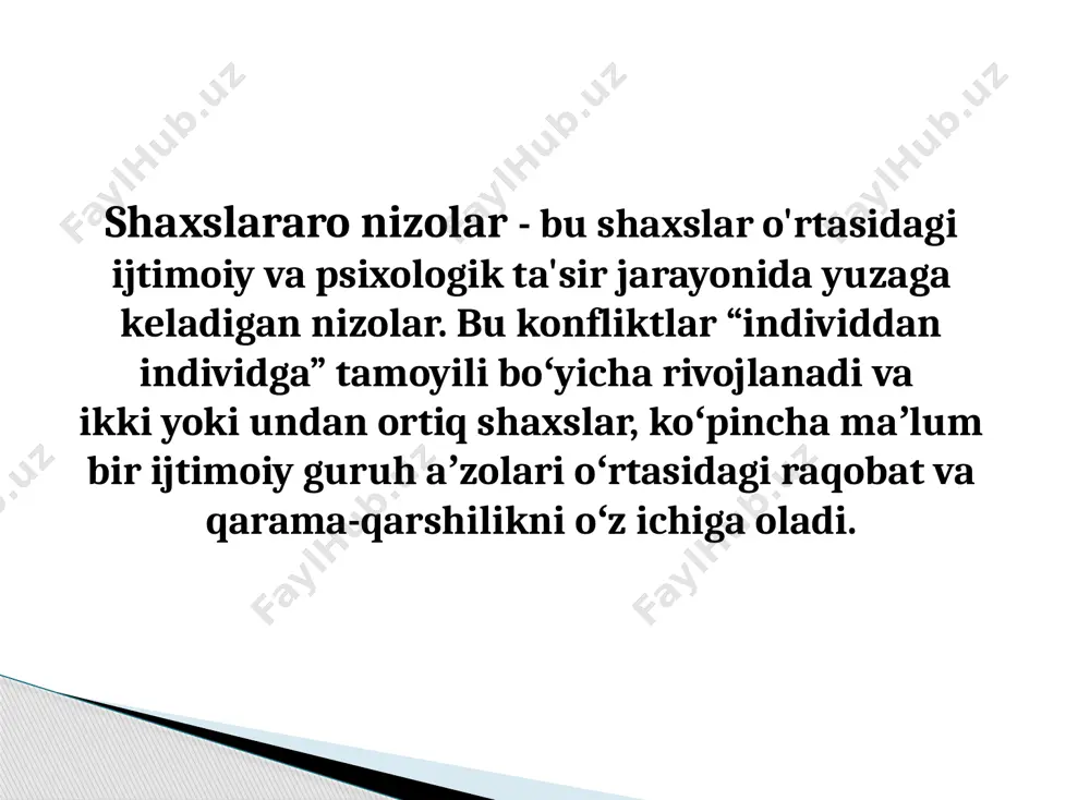 ktiv muammoli vaziyatni anglash, muammoni konfliktsiz usullarda hal qilishga urinishlar, mojarodan oldingi vaziyat). iqtisodiyoti (hodisa, keskinlashuv, muvozanatli qarshi harakat, mojaroning tugashi). moqinalardan keyingi vaholi (munosabatlarni qisman normallashtirish, munosabatlarni to'liq normallashtirish). konflik belgilari ziddiyatli vaziyatning mavjudligi (ishtirokchilarning idrokiga ko'ra); konflikt ob'ektining bo'linmasligi; ishtirokchilarning o'z maqsadlariga erishish uchun ziddiyatli o'zaro munosabatlarni davom ettirish istagi. konflik bosqichlari mojarodan oldingi bosqich ob'ektiv ziddiyatli vaziyatning paydo bo'lishi bilan bog'liq bosqich konflikt rivojlanishining intellektual bosqichi konflikt rivojlanishining muhim bosqichi qarama-qarshilikdagi keskinlikning pasayishi xulq-atvorning rasmiy va norasmiy baholarini solishtirish taraflardan birining nizoni hal qilish yoki undan chiqish shaxslararo konfliktlarning ti̇pologiyasi qarshilish - mavjud bo'lgan barcha vositalardan foydalangan holda o'z manfaatlarini doimiy , murosasiz va hamkorliksiz himoya qilish bilan tavsiflangan shaxslararo o'zaro ta'sir turi. - mojarodan qochishga urinish, unga unchalik ahamiyat bermaslik, ehtimol uni hal qilish uchun shart-sharoitlar yo'qligi sababli o'zaro ta'sir turi. adaptation - kelishmovchilik sub'ekti va ob'ektidan yuqori qo'yilgan munosabatlarni saqlab qolish uchun sub'ektning o'z manfaatlarini …