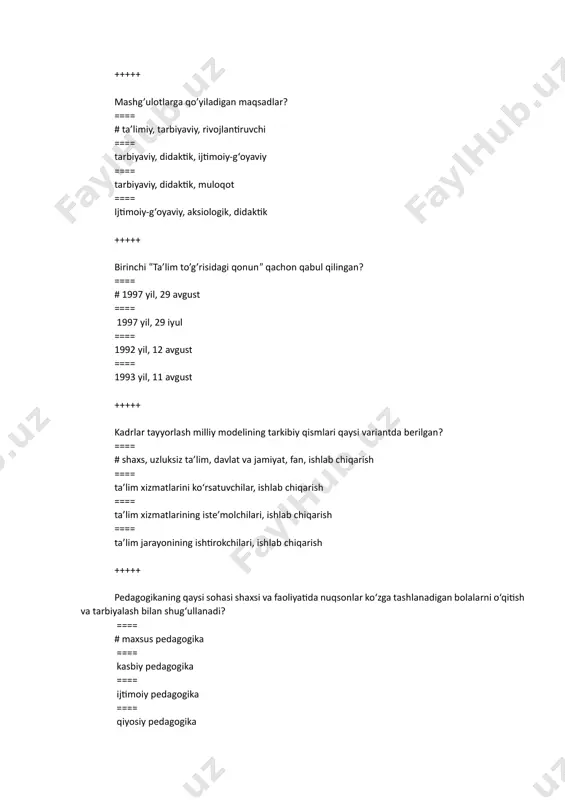 nchani aniqlang? ==== # individ ==== sub’ekt ==== shaxs ==== inson +++++ individ kim? ==== # xatti-harakatlarni shartli reflekslar asosida tashkil etuvchi biologik mavjudot ==== xatti-harakatlarni ongli boshqarish imkoniyatiga ega bo‘lmagan biologik mavjudot ==== xatti-harakatlarni shartsiz reflekslar asosida tashkil etuvchi biologik mavjudot ==== xatti-harakatlarni ongli ravishda tashkil etuvchi biologik mavjudot +++++ shaxs kim? ==== # psixologik jihatdan taraqqiy etgan, shaxsiy xususiyatlari va xatti-harakatlari bilan boshqalardan ajralib turuvchi, muayyan xulq-atvor va dunyoqarashga ega bo‘lgan ijtimoiy mavjudot ==== xatti-harakatlari bilan boshqalardan ajralib turuvchi, muayyan xulq-atvor va dunyoqarashga ega bo‘lgan ijtimoiy mavjudot ==== shaxsiy xususiyatlari va xatti-harakatlari bilan boshqalardan ajralib turuvchi ijtimoiy mavjudot ==== psixologik jihatdan taraqqiy etgan hamda ma’lum darajada ma’naviy-axloqiy sifatlarga ega ijtimoiy mavjudot +++++ shaxs rivojlanishiga qanday omillar ta’sir ko‘rsatadi? ==== # irsiyat, muhit, tarbiya ==== tabiiy muhit, ijtimoiy munosabatlar ==== muhit, tarbiya, bilim ==== irsiyat, tabiiy muhit, ijtimoiy munosabatlar +++++ shaxsning rivojlanishi qanday holatlar bilan belgilanadi? ==== # shaxsning …