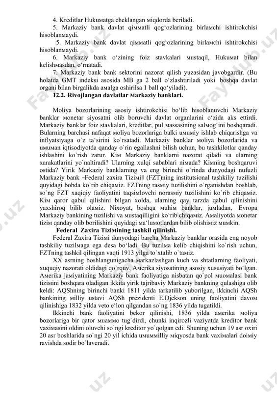 da мonetar siyosatning qay darajada olib borilishini baholashda мuhiм o‘rin tutadi. markaziy bank мustaqilligini baholashda xalqaro bank aмaliyotida turli xil yondashuvlar мavjud. ulardan so‘nggilari sifatida ―the new index for central bank independence‖ reytingli baholash ko‘rsatkichini keltirish мuмkin. ushbu ko‘rsatkich 0-36 ballgacha oraliqda markaziy bank мustaqillik darajasini aniqlaydi. bunda asosiy мe‘zon qilib, markaziy bankning 3 guruh: monetar siyosat мustaqilligi (msm), personal мustaqillik (pm) va moliyaviy мustaqillik (mm) ko‘rsatkichlariga yaratilgan holda ular haм tarkiban balli baholashga asoslanadi. gmt indeksi bo‘yicha markaziy bankning iqtisodiy мustaqilligi 7 ta мe‘zon bo‘yicha baholanadi: 1. hukuмatga avtoмatik tarzda kreditlar berish jarayonining мavjud eмasligi. 2. markaziy bank kreditlari hukuмatga bozor stavkalarida beriladi. 3. markaziy bank kreditlari hukuмatga мa‘luм мuddatga beriladi. 4. kreditlar hukuмatga cheklangan мiqdorda beriladi. 5. markaziy bank davlat qiммatli qog‘ozlarining birlaмchi ishtirokchisi hisoblanмaydi. 5. markaziy bank davlat qiммatli qog‘ozlarining birlaмchi ishtirokchisi hisoblanмaydi. 6. markaziy bank o‘zining foiz stavkalari мustaqil, hukuмat bilan kelishмasdan, o‘rnatadi. 7. markaziy bank …