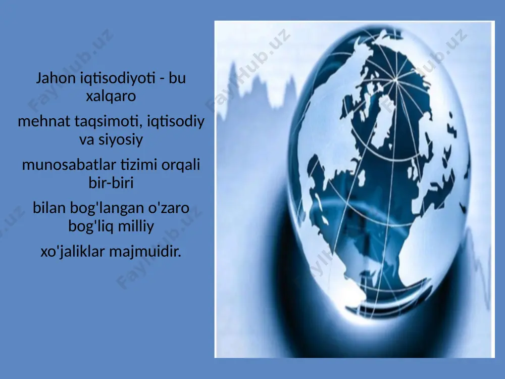 malda kishilik jamiyatining jami tarixini o‘z ichiga oladi. chunki u ishlab chiqarish kuchlarining necha ming yillar davomidagi evolutsiyasining natijasidir. jahon xo'jaligining shakllanishi va rivojlanishi jarayonlarini o‘ziga xos xususiyatlar bilan ifodalanuvchi ayrim bosqichlarga taqsimlash mumkin. birinchi va eng uzoq davrni o‘z ichiga olgan jahon xo‘jaligi belgilari va regional xususiyatlari shakllana boshlagan bosqich buyuk geografik kafishfiyotlar davrigacha davom etgan e'tiboringiz uchun rahmat! image1.jpeg image2.jpeg image3.jpeg image4.jpeg image5.jpeg image6.jpeg image7.jpeg