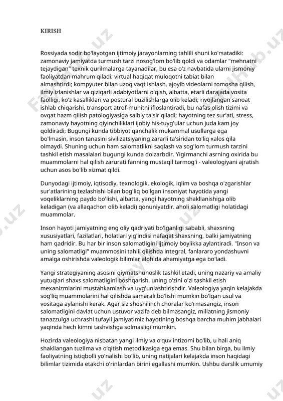 yo'nalishi. aynan o‘shanda professor i. i. brexman “valeologiya” atamasini “inson salomatligi” degan ma’noni taklif qilgan va birinchi monografiyani nashr etgan. 1996 yilda 040700 - "valeologiya" mutaxassisligi bo'yicha oliy kasbiy ta'limning davlat ta'lim standarti tasdiqlangan (malakasi: shifokor - valeolog-o'qituvchi va o'qituvchi-valeolog). valentologiyaning asosiy metateorik toifalari (shuningdek, boshqa har qanday fan) ta'rifi, ob'ekti, predmeti, ob'ekti va sub'ekt sohalari, tuzilishi, maqsadi, vazifalari, usullari va ba'zi boshqa monotizimlarni o'z ichiga oladi (metateoriya har qanday boshqa fanning yoki boshqa fanning xususiyatlari haqidagi fan). nazariya). hujjat yozishda yordam kerakmi? biz professional mualliflar (universitetlar o'qituvchilari va dotsentlari) almashinuvimiz. biz rsci, hac, scopus-dan maqolalar yozamiz. biz nashr etishga yordam beramiz. biz bepul tahrirlar qilamiz . narx so'rang ta'rif. valeologiya - salomatlikning mohiyati va ko'rinishlarini, uning darajasini oshirish, barqarorlashtirish va saqlash, sog'lom turmush tarzi va shaxsning ijtimoiy moslashuvini shakllantirish uchun uni tashxislash, bashorat qilish va tuzatish usullarini o'rganadigan fan; shuningdek, variantlar: valeologiya - inson salomatligini namoyon qilish qonuniyatlari, shakllanish …
