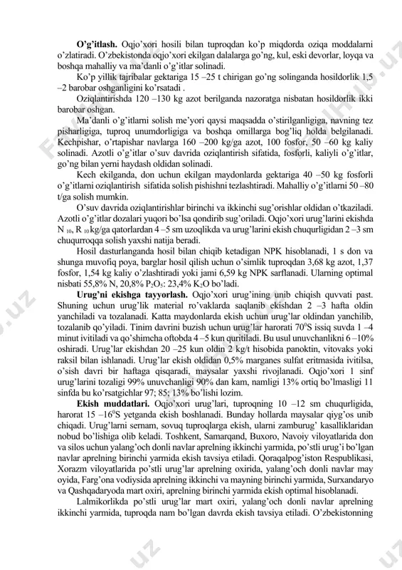 ilikda barglari buraladi, o’sishdan to’xtaydi. o’zbekistonda tog’li va tog’ oldi mintaqasida oq jo’xorini lalmikorlikda bemalol o’stirish mumkin. tuproqqa talabi. tuproqqa uncha talabchan emas. og’ir, shuningdek, yengil tuproqlarda ham yaxshi o’sadi. ammo begona o’tlardan toza, g’ovak, havo yaxshi almashinadigan tuproqlarda yaxshi o’sadi. begona o’tlar uni dastlabki rivojlanish fazasida qisib qo’yadi. shuning uchun almashlab ekishlarda qator oralari ishlanadigan sabzavot, poliz ekinlaridan keyin joylashtirilsa yaxshi natija olinadi. rivojlanish fazalari. ekish - unib chiqish davri 10-15 kun, 25-39 kundan keyin tuplanish, 40-50 kundan keyin naychalash, 55-60 kunlarda ro’vaklash boshlanadi. gullash 5-6 kun davom etadi. o’sish davri 90-145 kun. navlari. xo’jalik belgilariga ko’ra oqjo’xori donli, qandlik, supurgilik va o’tsimon navlar guruhiga bo’linadi. donli navlar. asosan doni uchun ekiladi, bo’yi nisbatan past. kam tuplanadi, doni tez yanchiladi, oq, tanin miqdori 0,034-0,24 % oziq-ovqat navlari hisoblanadi. jo’xorining o’zbekiston pakanasi, o’zbekiston-18, shirin-91, o’zbekiston-5, asalbog’, tashkentskoye belozernoye, sanzar,, qandlik djugara navlari o’zbekiston respublikasidavlat reyestriga kiritilgan. qandlik djugara. silos uchun …